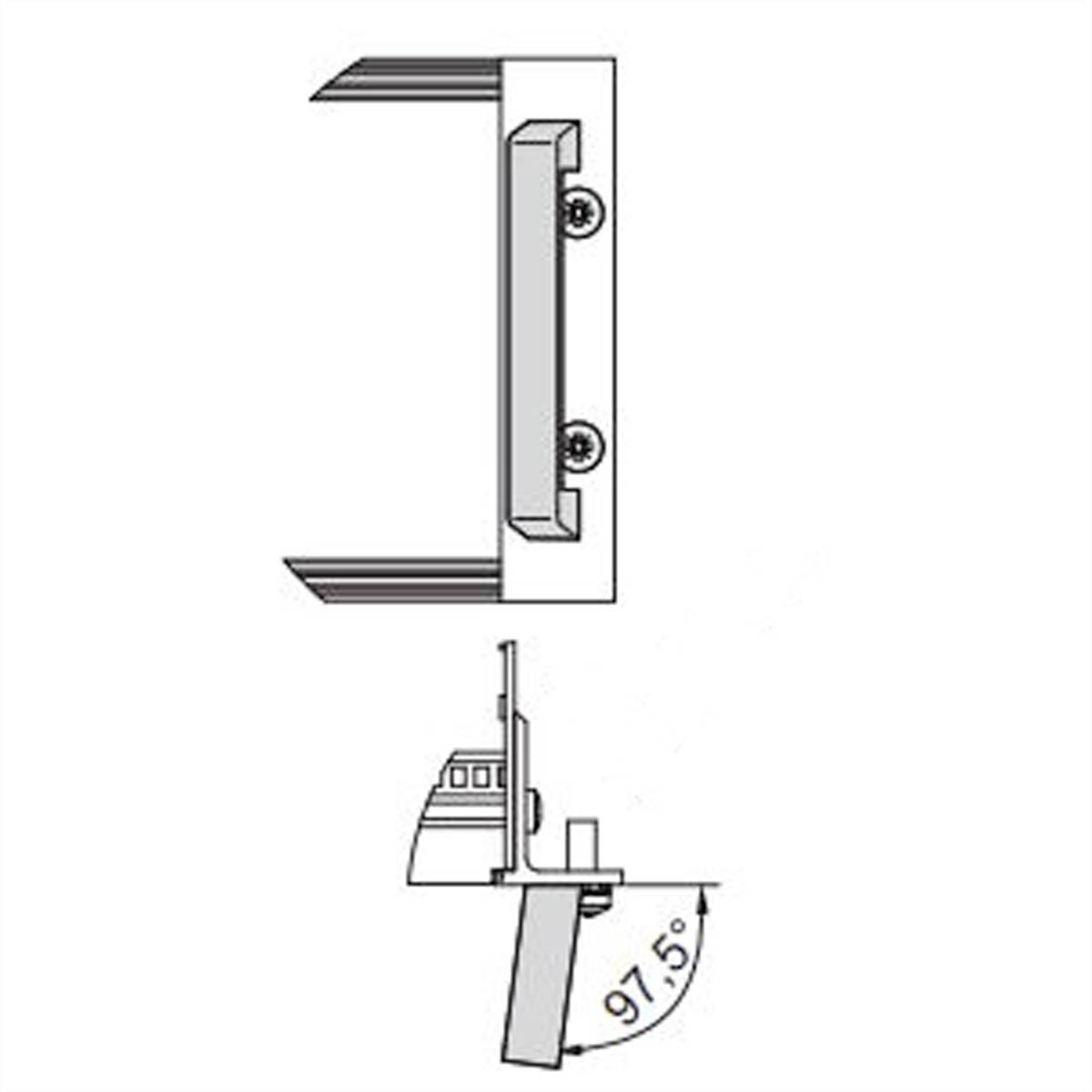 Illustration eines Türgriffs: Draufsicht zeigt die Anbringung an einer Tür; Seitenansicht verdeutlicht einen Öffnungswinkel von 97,5 Grad.