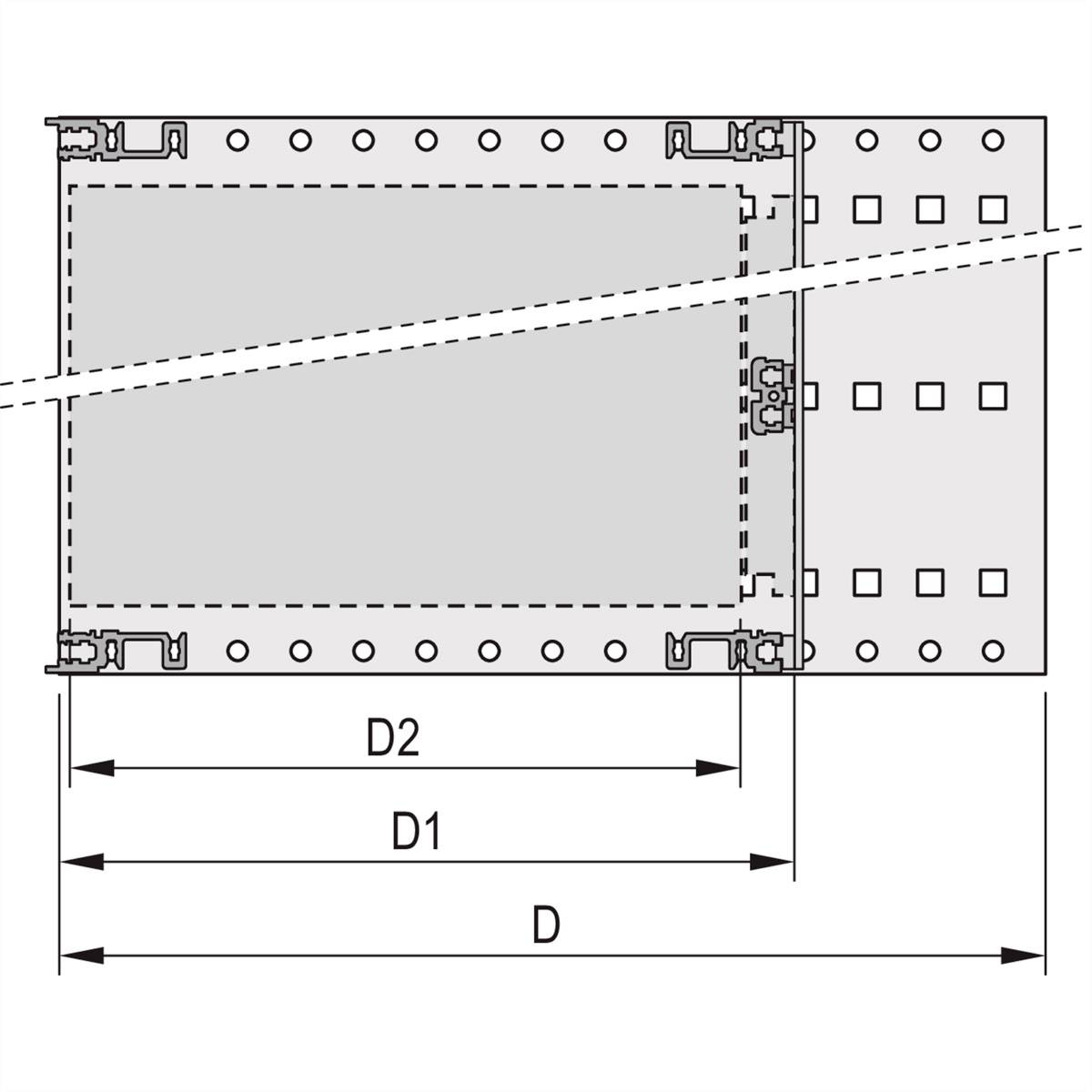 Technische Zeichnung eines rechteckigen Bauteils mit Abmessungen D, D1 und D2. Punkte zeigen Verbindungspunkte an.