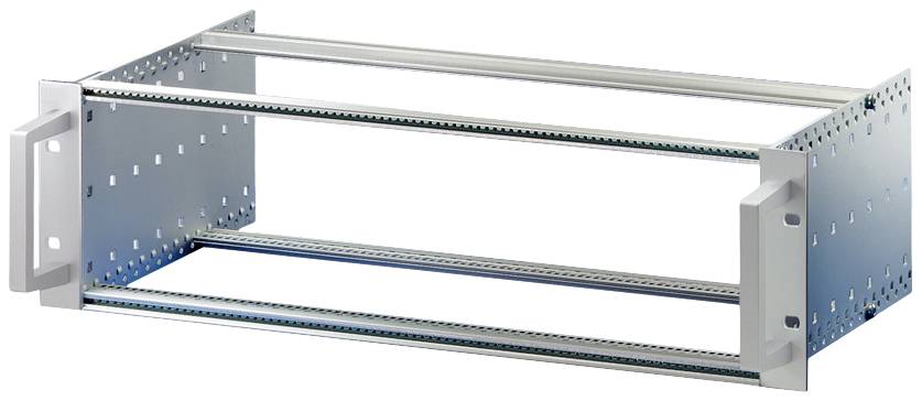 Metallrahmen für Geräteinstallation in einem Rack. Öffnung an der Vorderseite zur Befestigung von Komponenten.