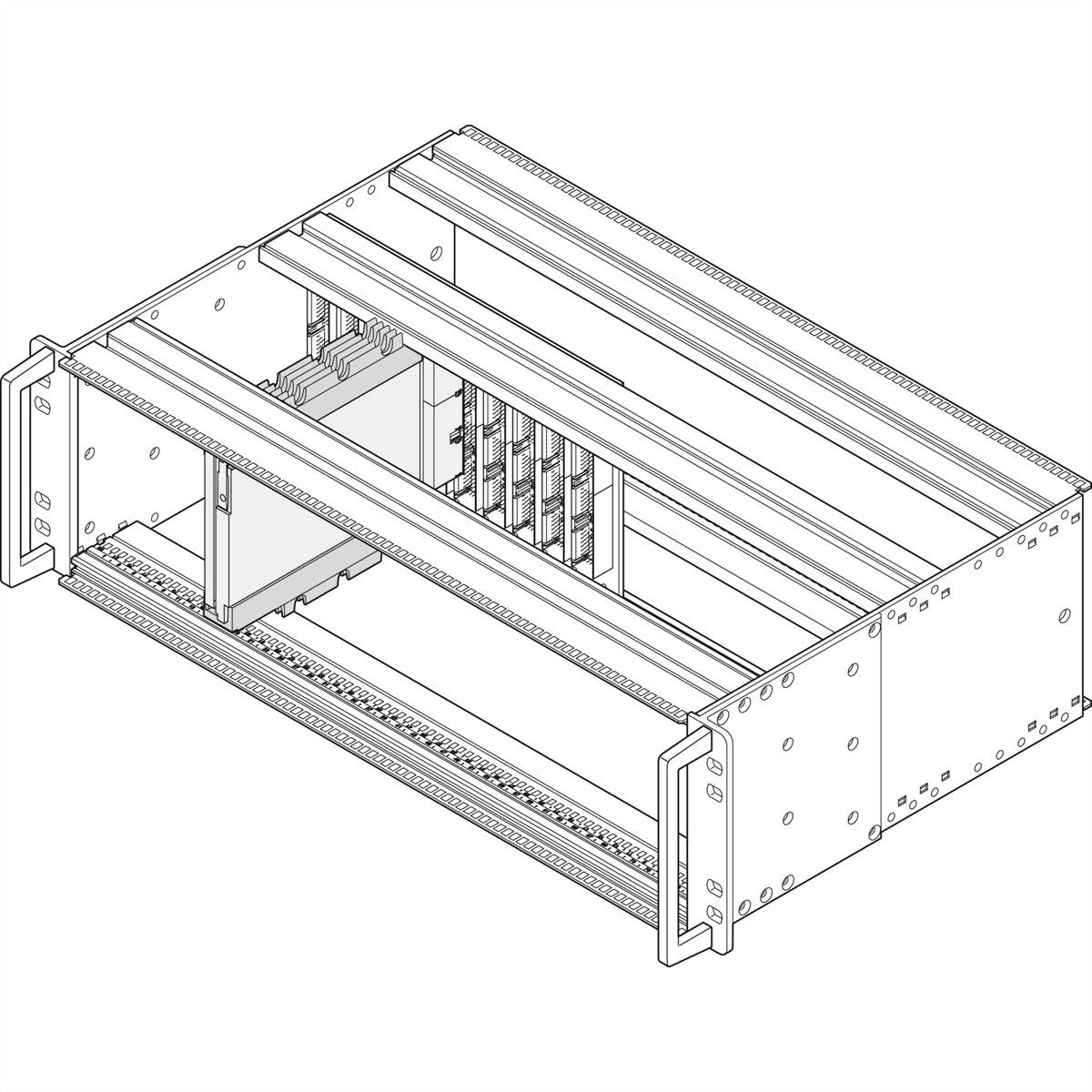 Metallrahmen für ein Gerät mit herausziehbaren Schienen und rückseitigen Steckplätzen für Leiterplatten.