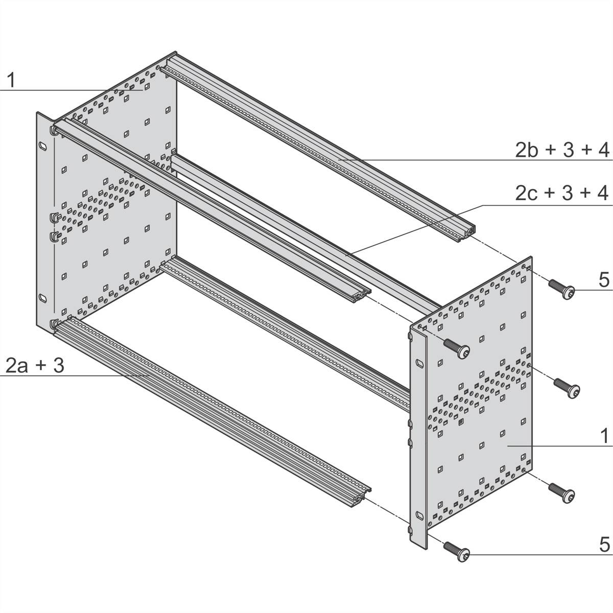 Explosionszeichnung eines Regals mit Schrauben und Schienen. Beschriftungen zeigen Teile und Verbindungen, z. B. '2a + 3', '2b + 3 + 4'.