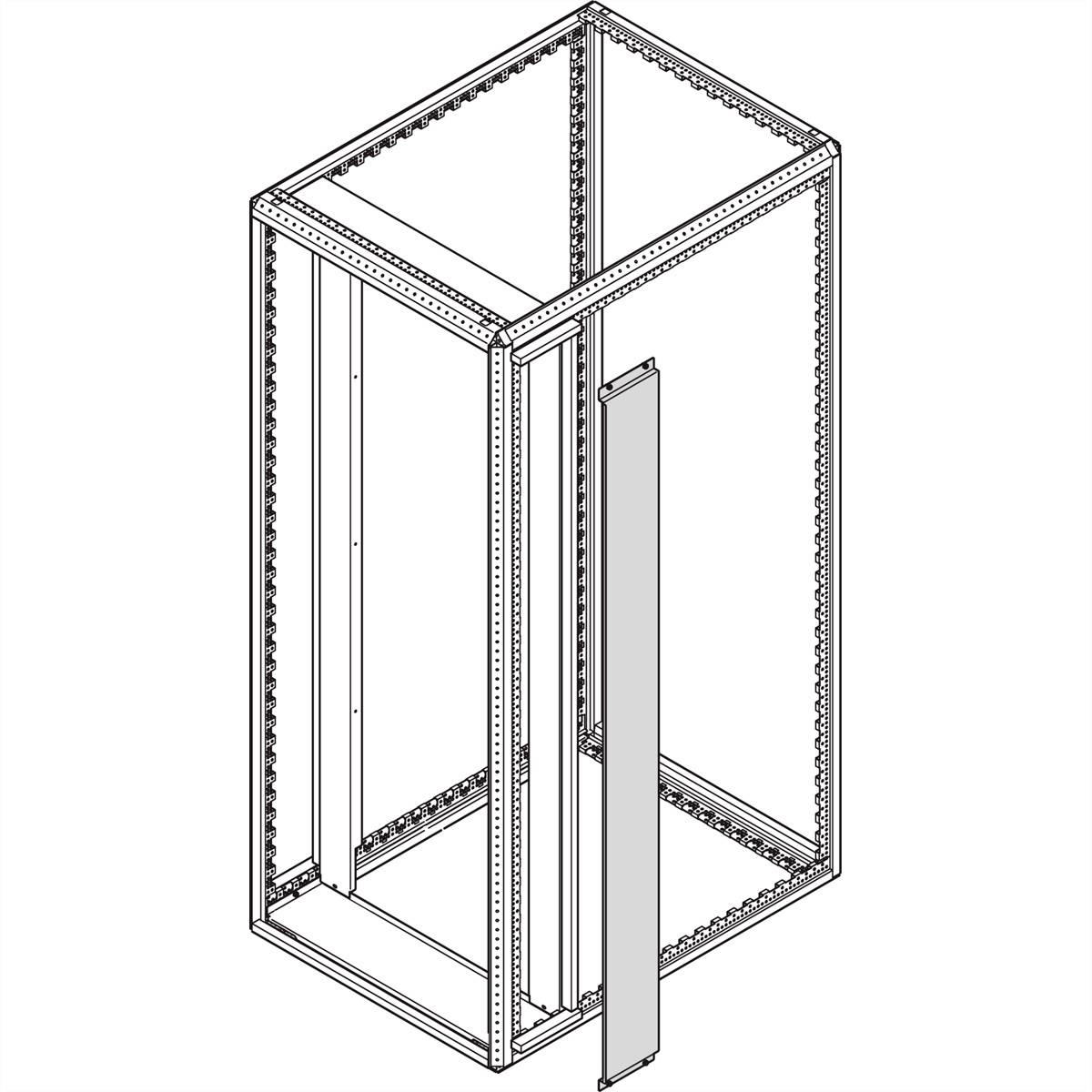 Diagramm eines offenen Metallrahmen-Gehäuses mit seitlichem Paneel. Zeigt die Struktur und Positionierung im 3D-Raum.