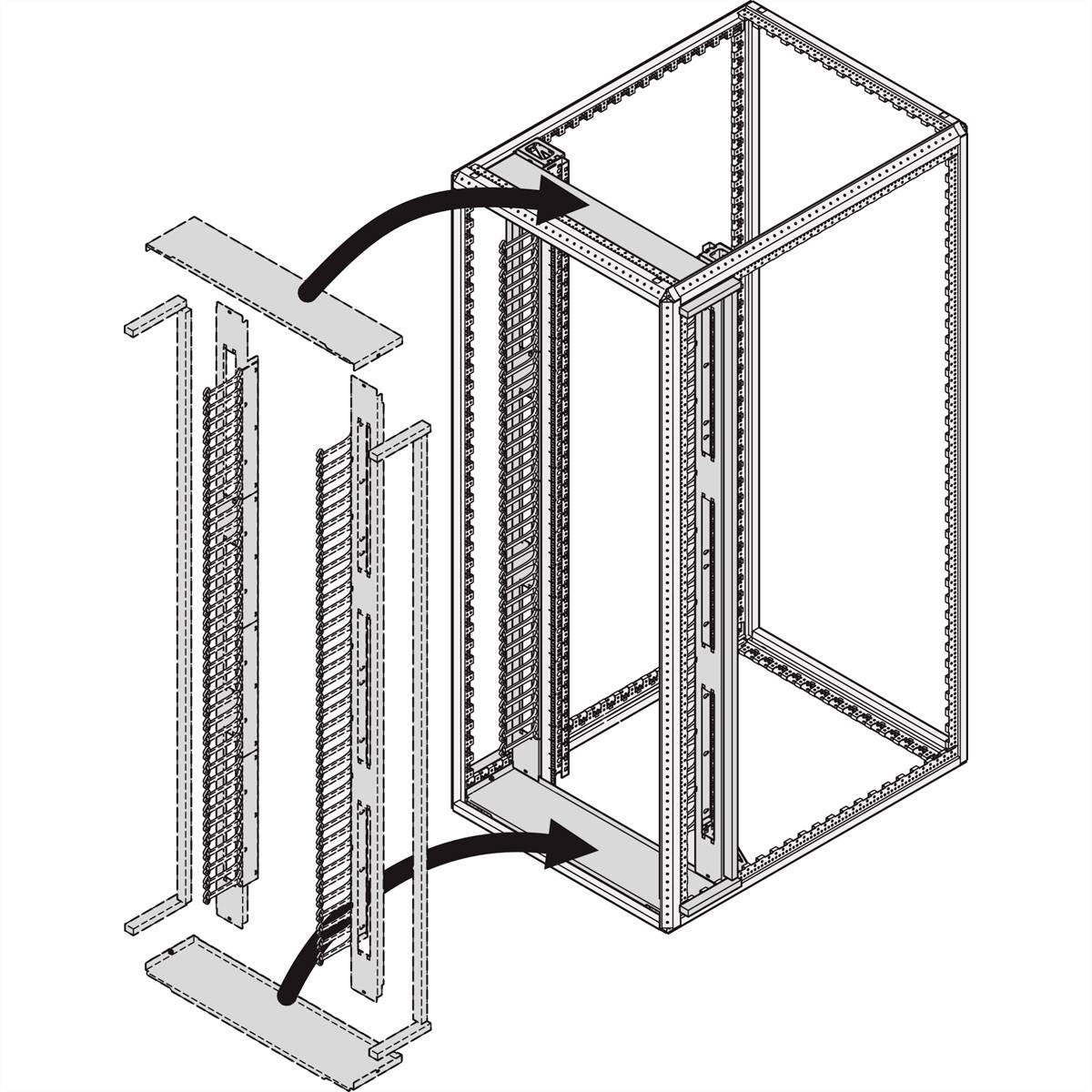 Explosionszeichnung eines Computergehäuses mit Pfeilen, die auf die Montage von Innenkomponenten hinweisen.