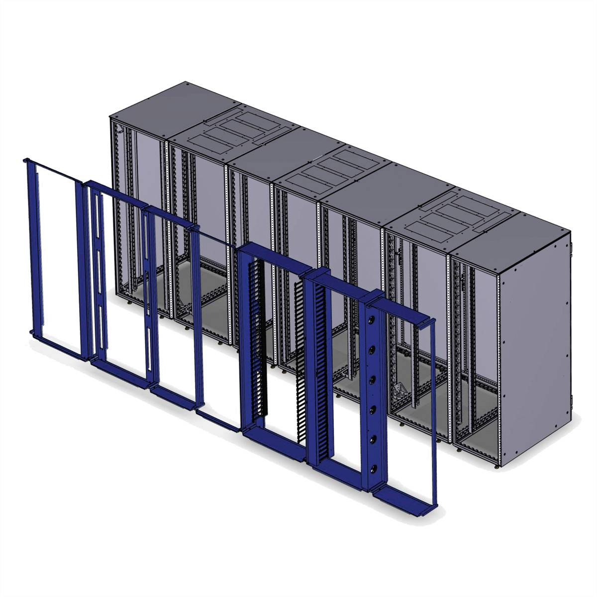 Mehrere aneinandergereihte Server-Racks mit offenen Fronten, die ihre Inneneinrichtungen und Struktur zeigen.