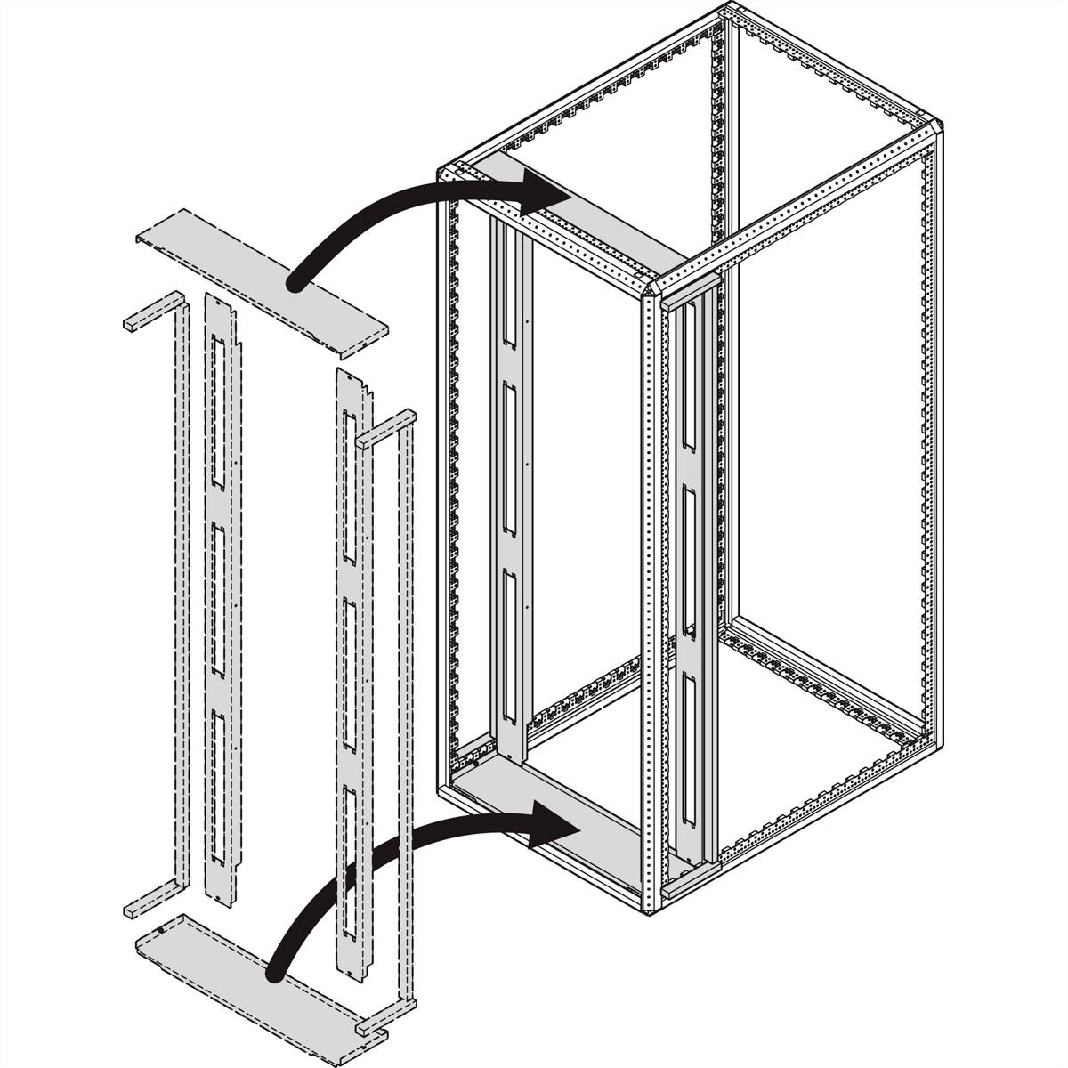 Image von einem offenen, rechteckigen Rahmen mit zwei Pfeilen, die den Einsatz von zwei vertikalen Schienen im Inneren des Rahmens zeigen.