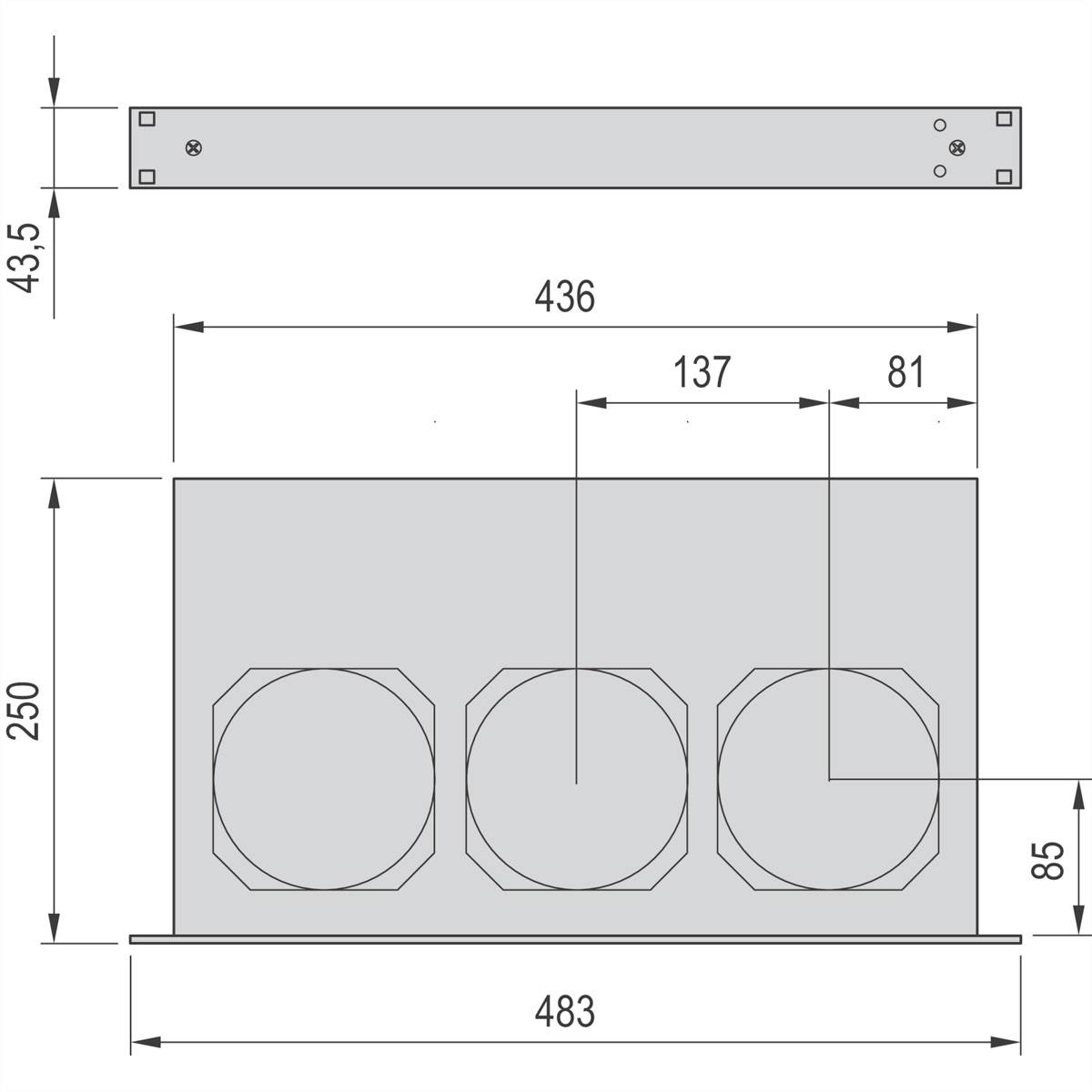 Technische Zeichnung eines rechteckigen Bauteils mit drei runden Ausschnitten und Maßen: Breite 483, Höhe 250, Tiefe 85 Millimeter.
