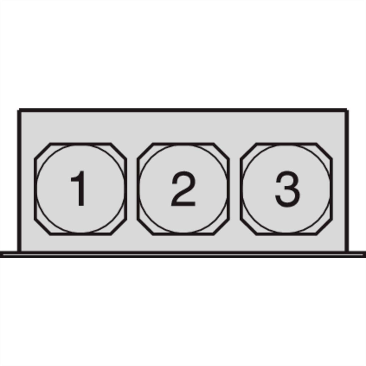 Drei nummerierte runde Tasten, beschriftet mit '1', '2' und '3', auf einem rechteckigen Bedienfeld.