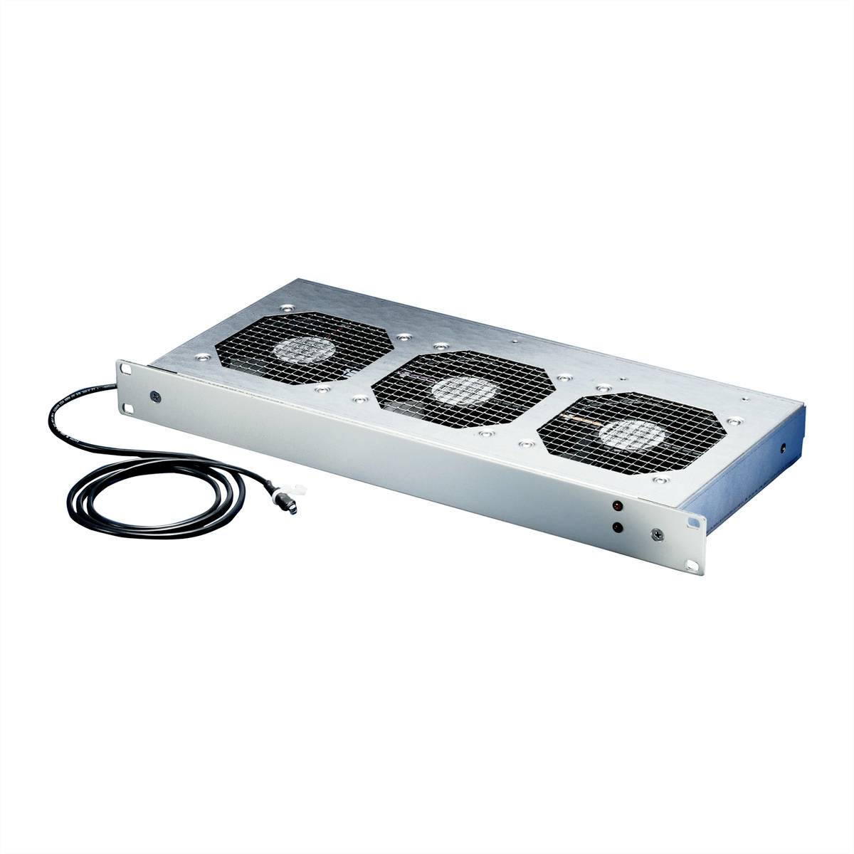 Ein 19-Zoll-Rackmontage-Kühlgebläse mit drei Lüftern und Netzkabel, zur Belüftung und Kühlung von elektronischen Geräten.