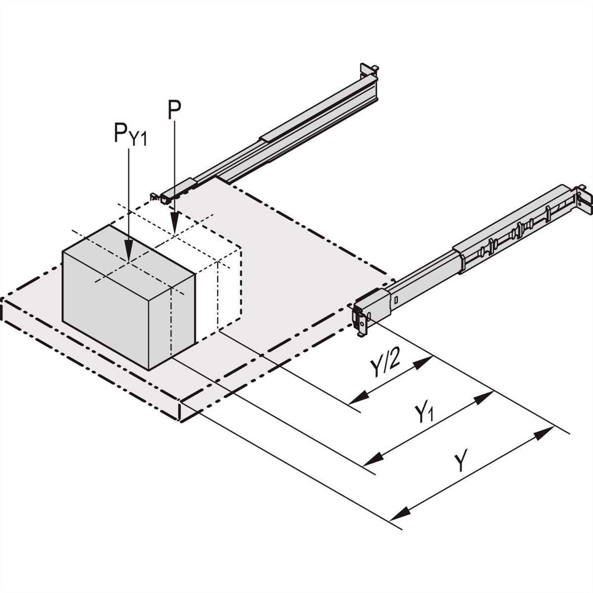 Technische Zeichnung eines mechanischen Systems mit zwei parallelen Schienen und einem sich daran bewegenden quadratischen Block.