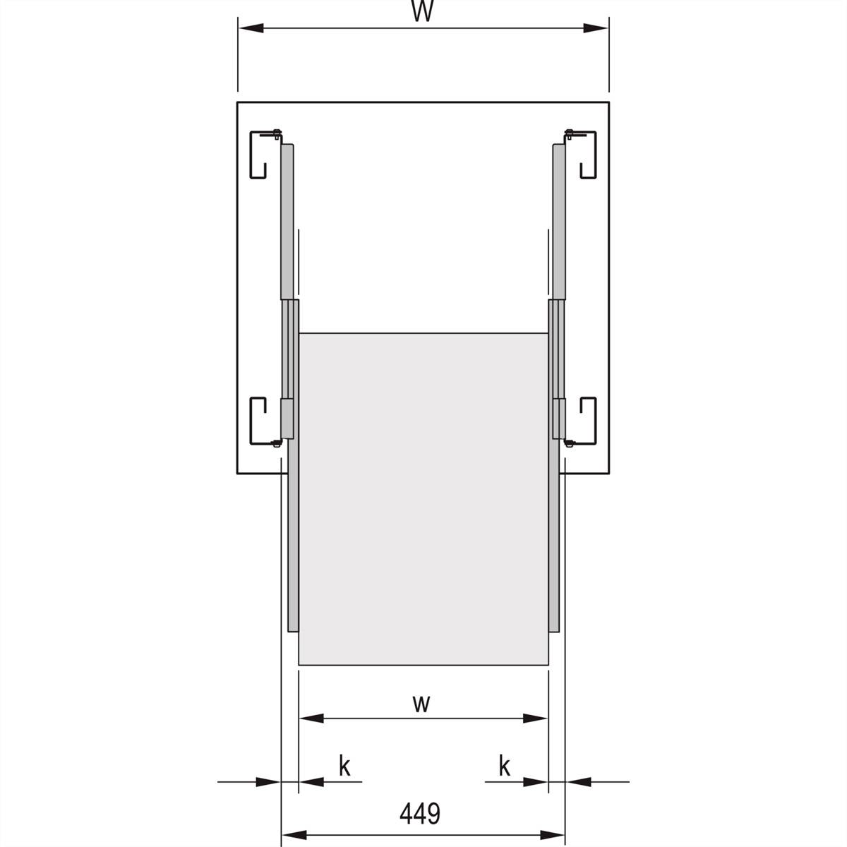 Technische Zeichnung einer rechteckigen Struktur zwischen zwei vertikalen Schienen. Die Gesamtbreite beträgt 449 mm mit definierten Abständen 'w' und 'k'.