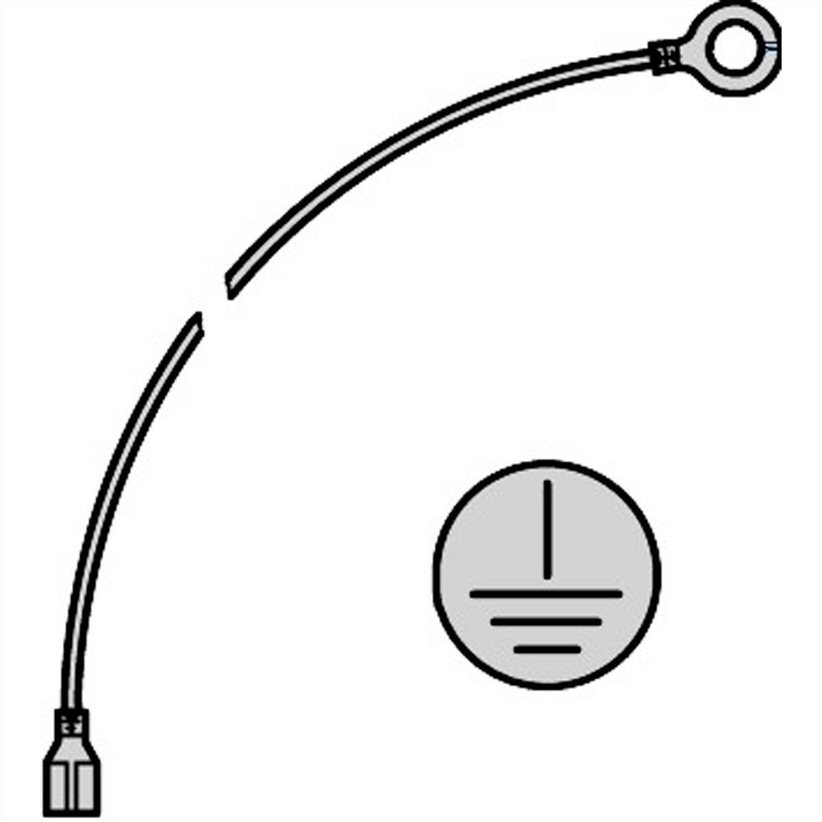Ein Diagramm zeigt ein gebrochenes Kabel mit einem Ringanschluss und ein Symbol für Erdung, das eine sichere Installation darstellt.