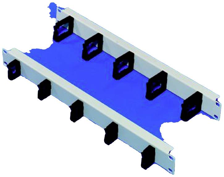 Zwei Kabelmanagementpaneele mit offenen Halterungen auf blauem Hintergrund, verwendet zur Organisation von Kabeln in Server-Racks.