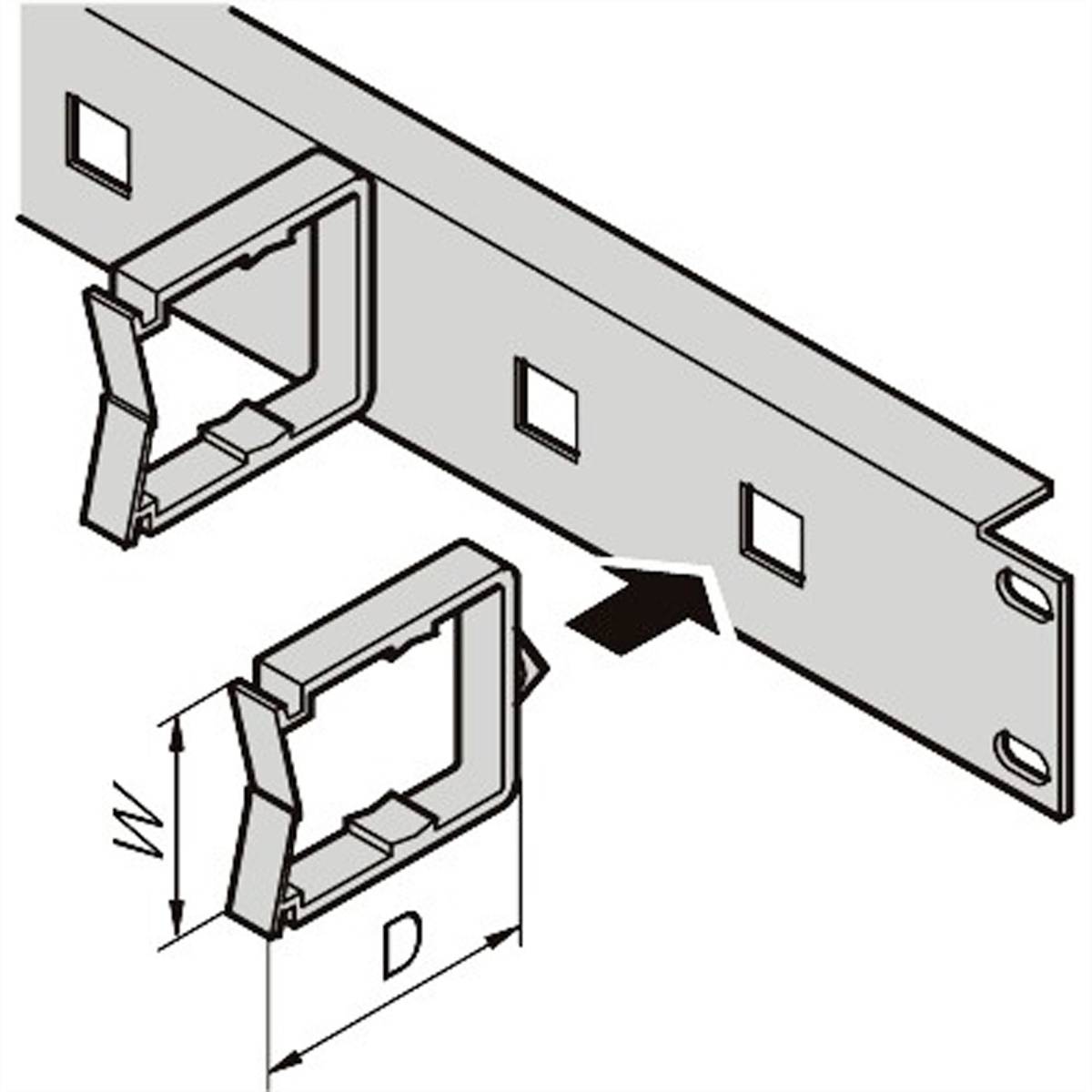 Diagramm eines Montagewinkels mit Cliphalterung, zeigt Befestigung an einem Blech mit quadratischen Löchern. Maße 'W' und 'D' angegeben.
