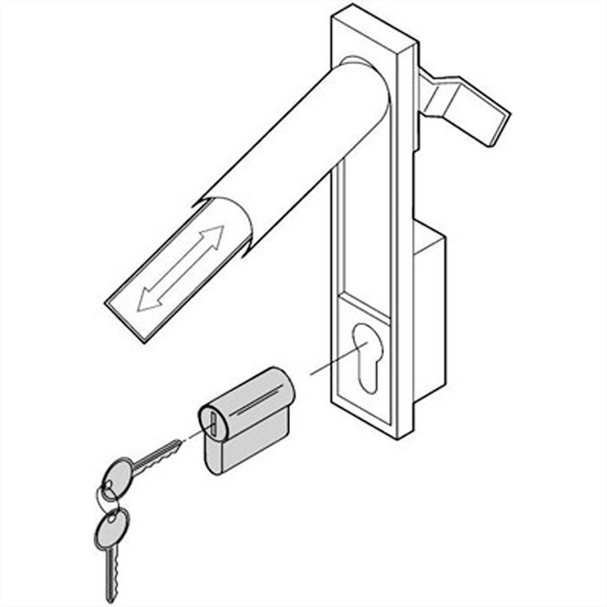 Diagramm des Schließmechanismus einer Tür mit Zylinder und Schlüssel, zeigt die Einsteckrichtung und den Schließvorgang.