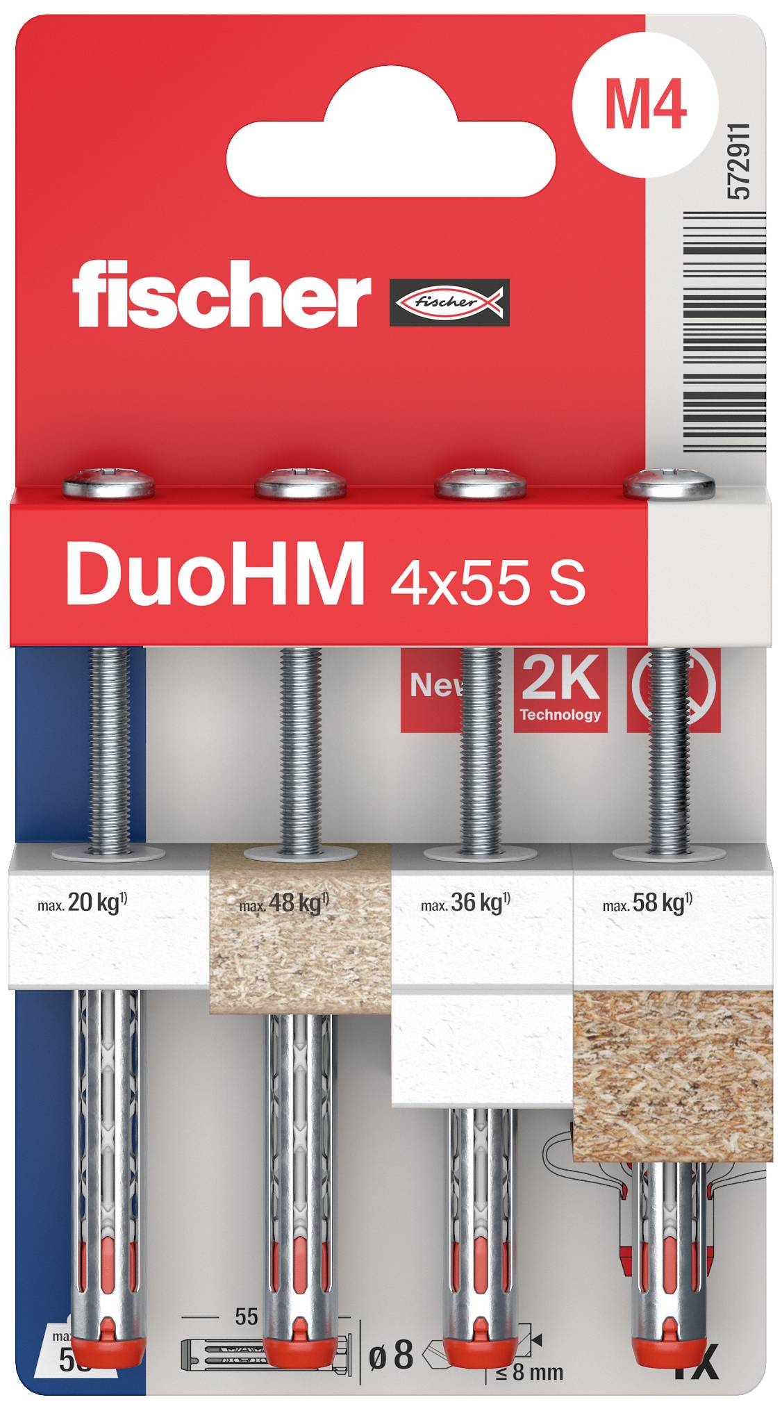 Verpackung von Fischer-Dübeln, Modell DuoHM 4x55 S, M4, zeigt vier Metall-Dübel für Belastungen zwischen 20 kg und 58 kg.