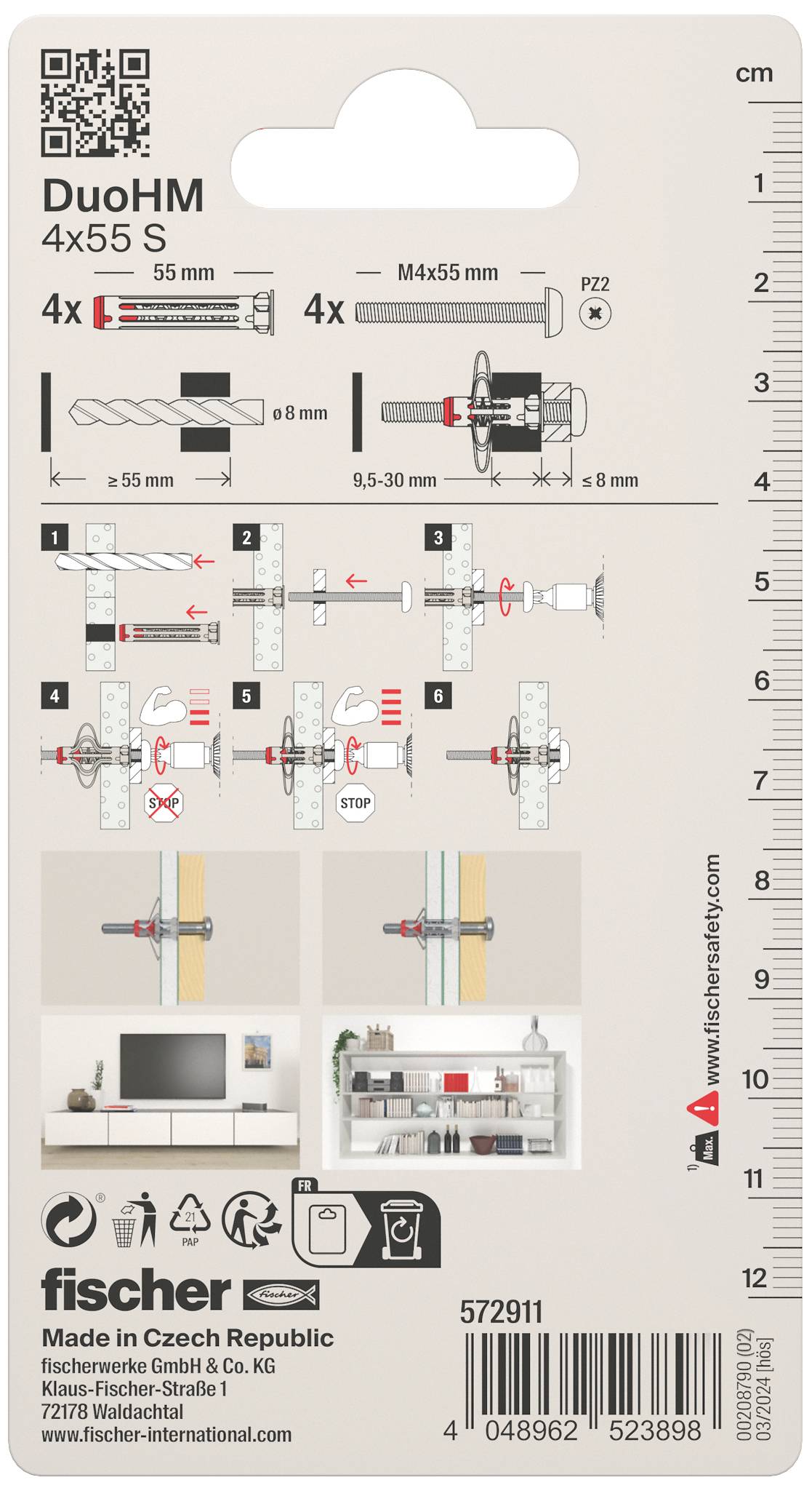 Verpackungsrückseite von Fischer DuoHM 4x55 S, zeigt Montageanleitung für Schraubenbefestigung in verschiedenen Materialien, mit Diagrammen und Piktogrammen zur Veranschaulichung.