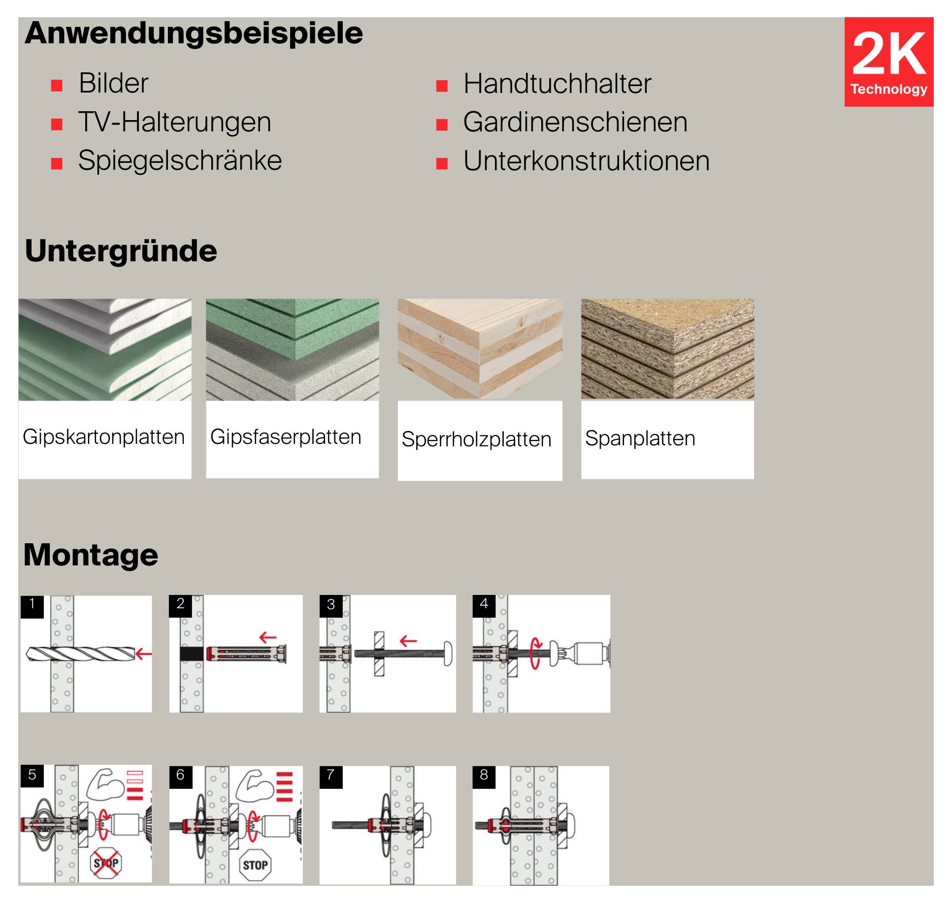 Produktgrafik zu '2K Technology' mit Anwendungsbeispielen, geeigneten Untergründen und 8 Montageschritten für eine Wandbefestigung.