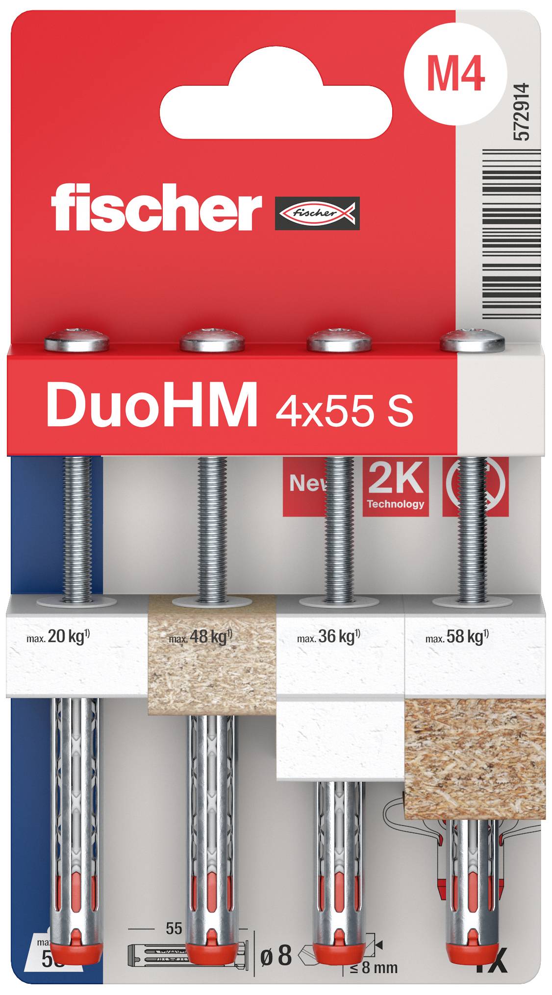 'Fischer' DuoHM-Dübelset, Größe 4x55 S, für Beton und Gipskarton, Belastung von 20 kg bis 58 kg. Enthält vier Dübel mit Schrauben.