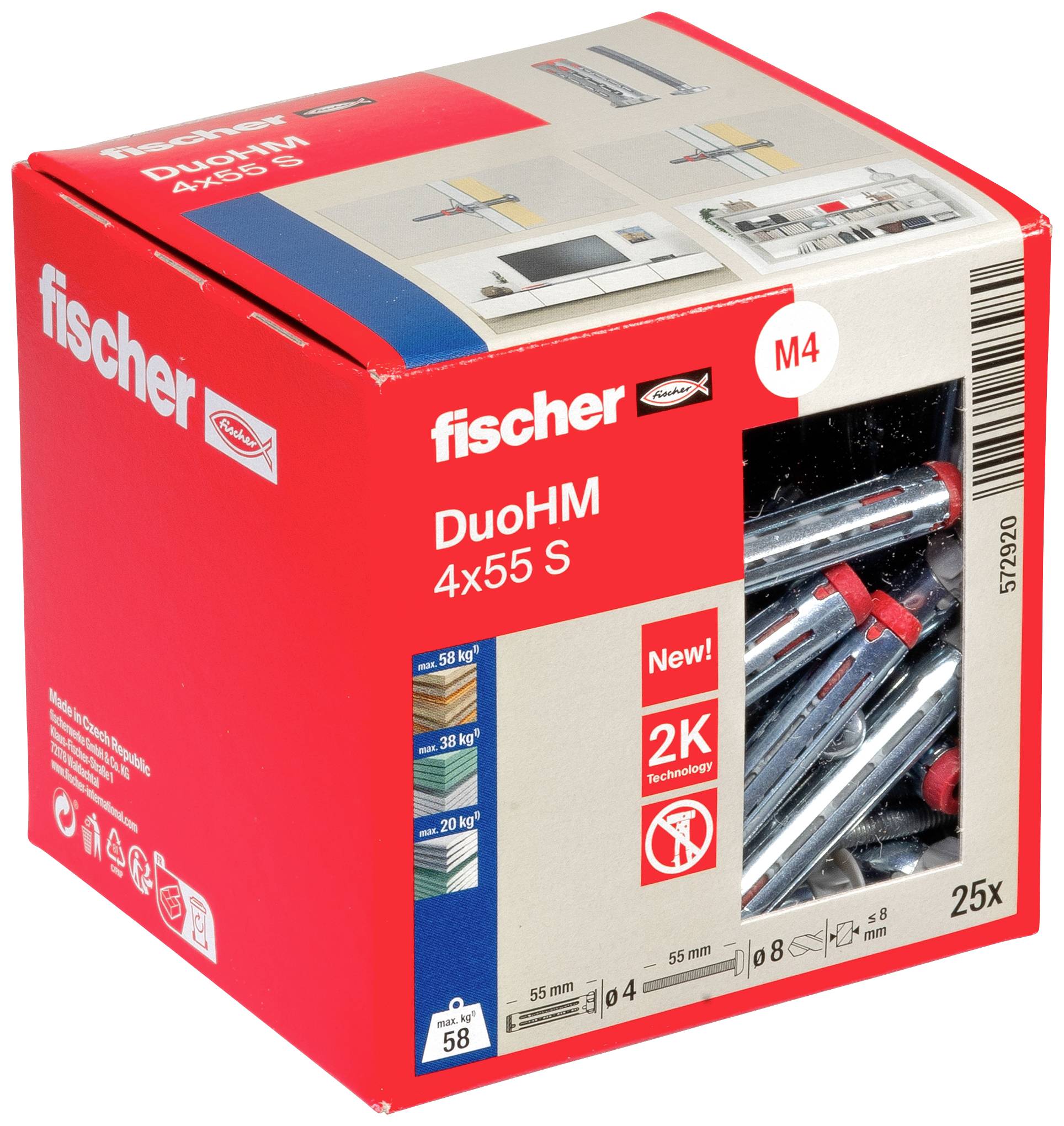 Kartonverpackung von Fischer Dübel DuoHM 4x55 S, 25 Stück, rot-grau, geeignet für verschiedene Materialien, mit Lastangaben.