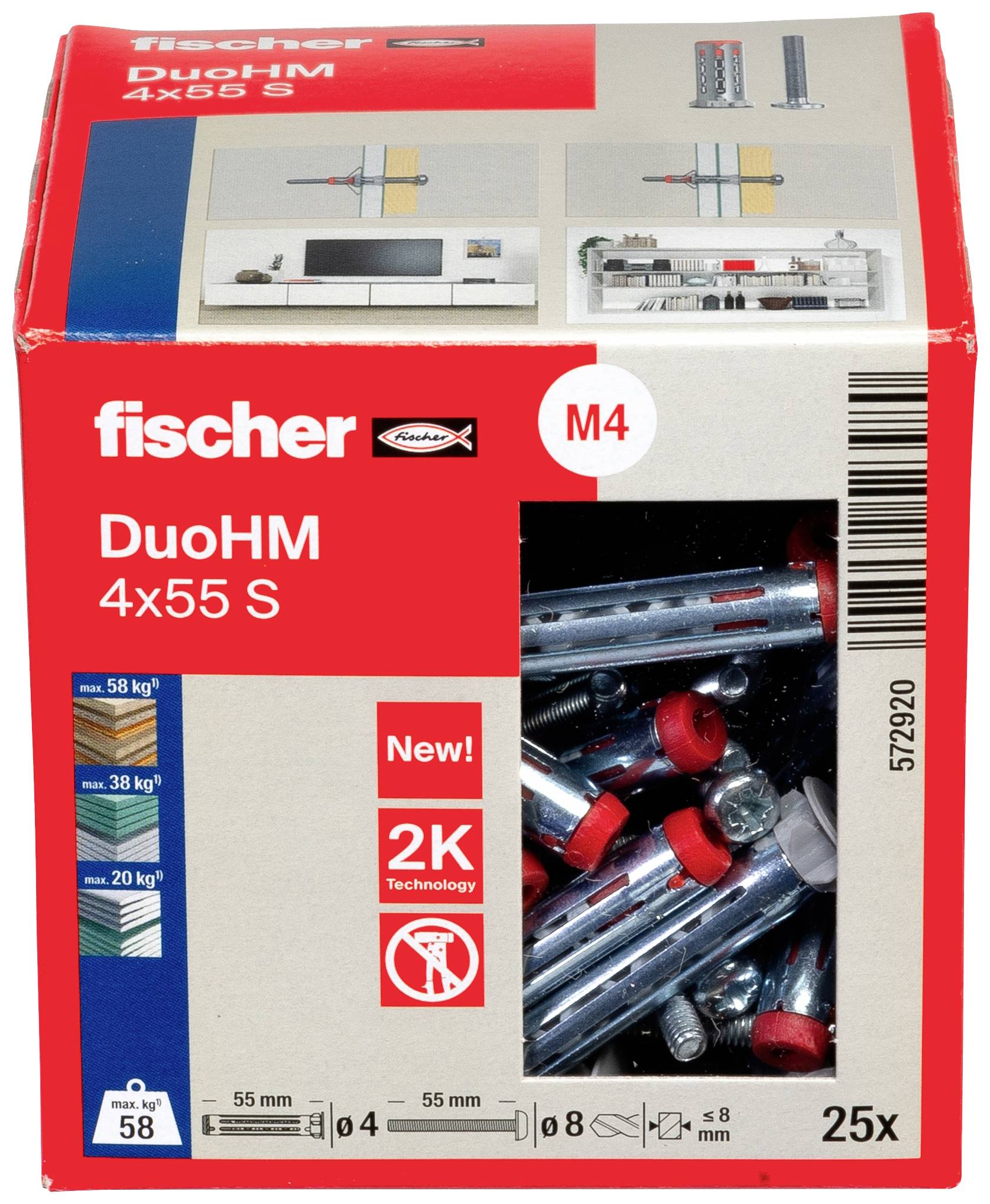 Kartonschachtel mit fischer DuoHM Metall-Hohlraumdübeln der Größe 4x55 mm, 25 Stück. Abbildungen zeigen Gebrauchsanweisungen.