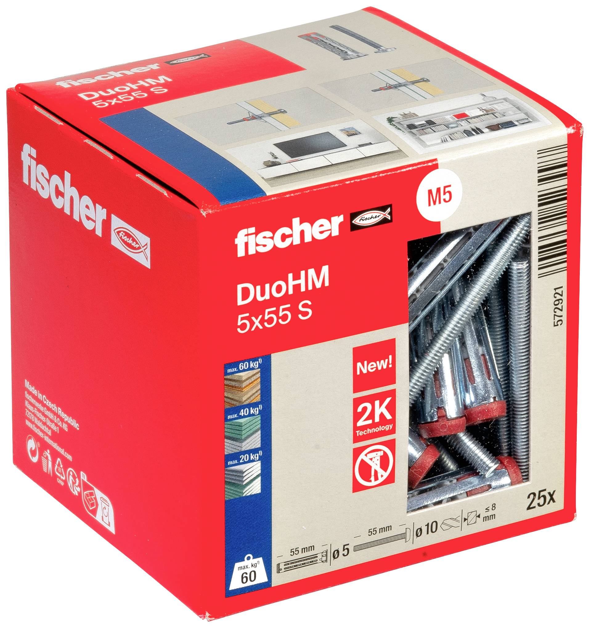 Rote Verpackung mit Aufschrift 'fischer DuoHM 5x55 S', zeigt Dübel. Verpackungsinfos: M5, 25 Stück, Technologiedetails und Abmessungen.