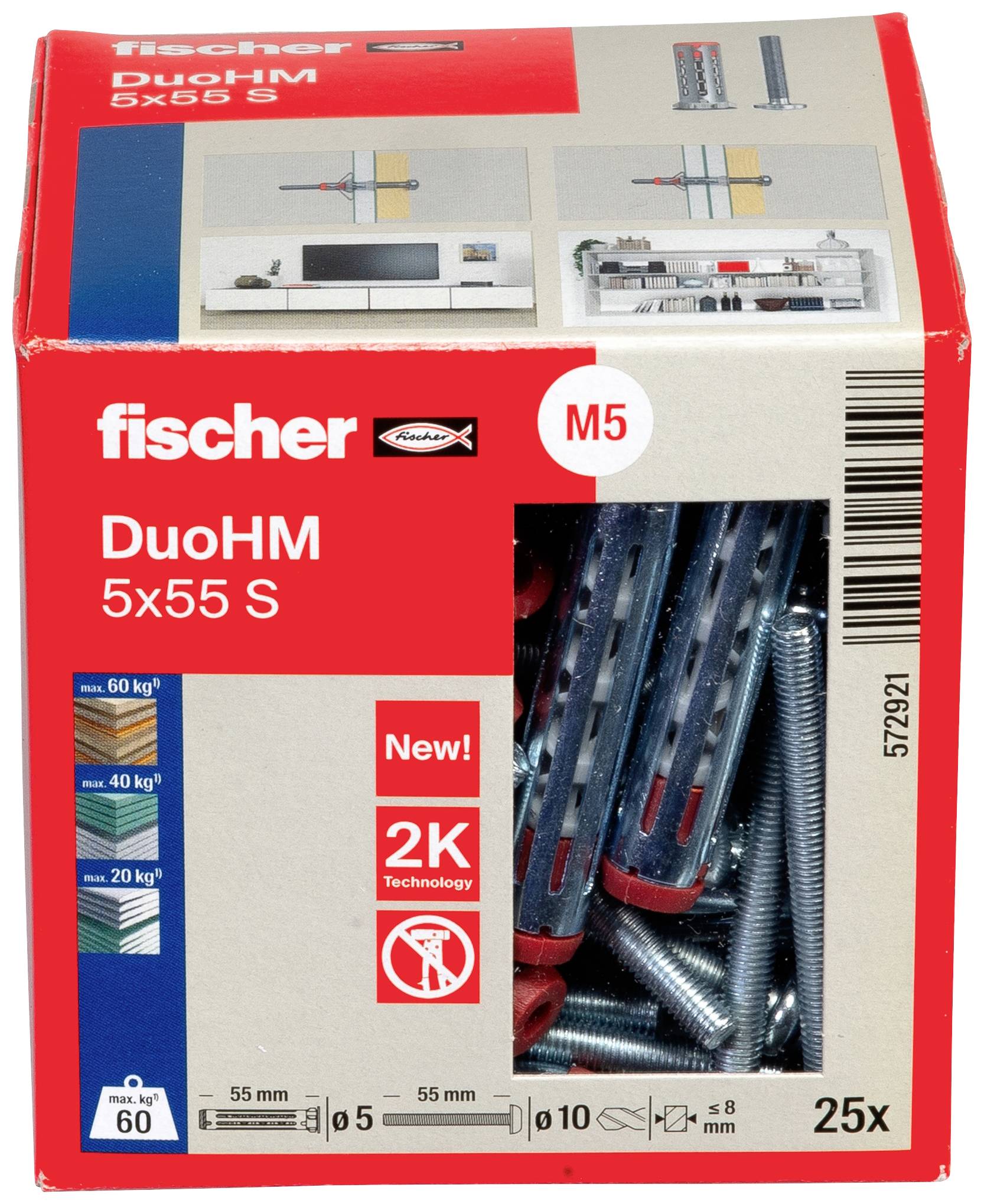 Karton mit Fischer Dübel und Schrauben, DuoHM 5x55 S, 25 Stück. Verpackung zeigt Installationsabbildungen und Belastungsangaben.