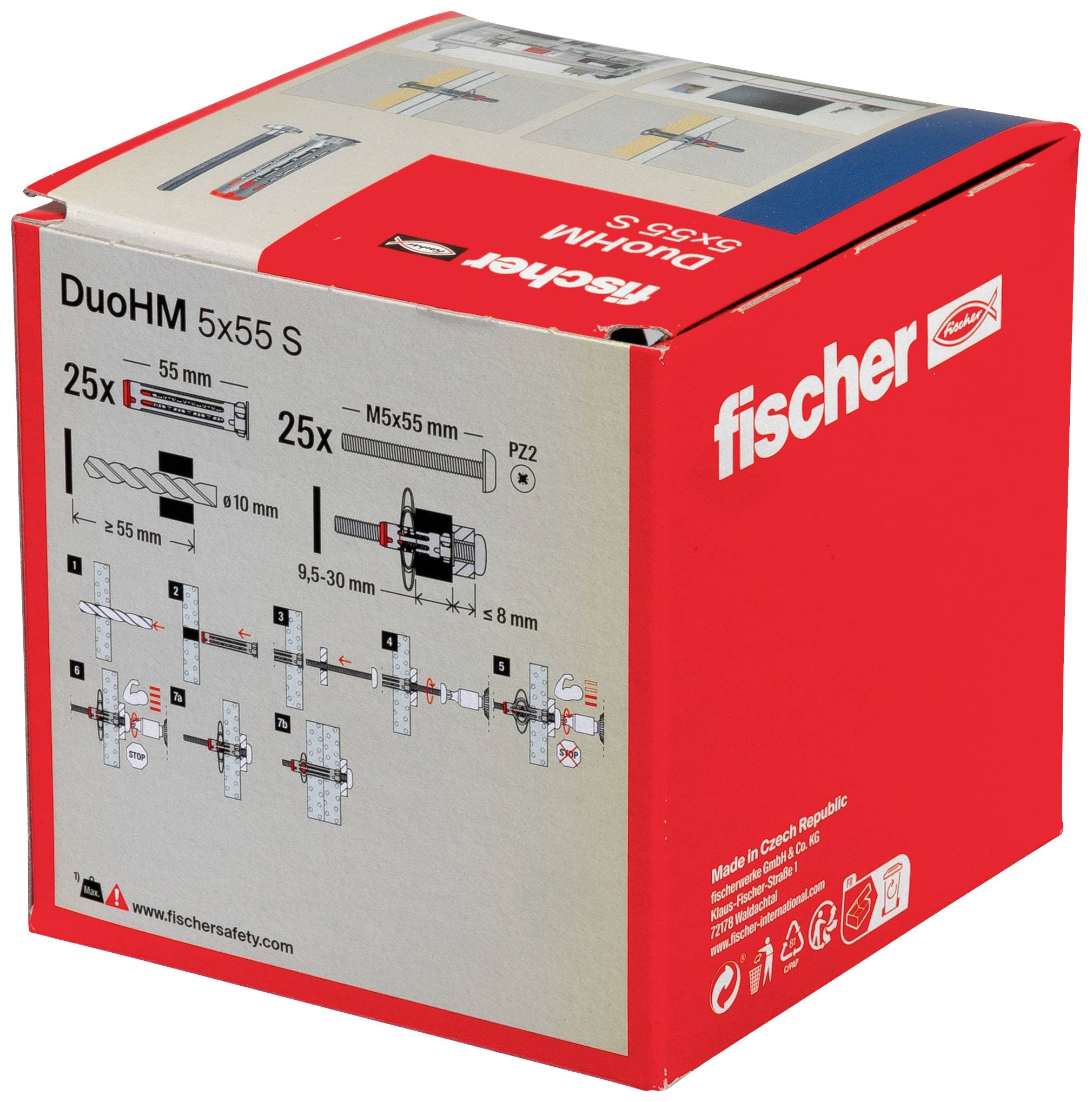 Rote Verpackung von Fischer DuoPower 5x55 S Dübelset. Zeigt Bohr- und Montageschritte mit Zubehörabbildungen. Enthält 25 Dübel.