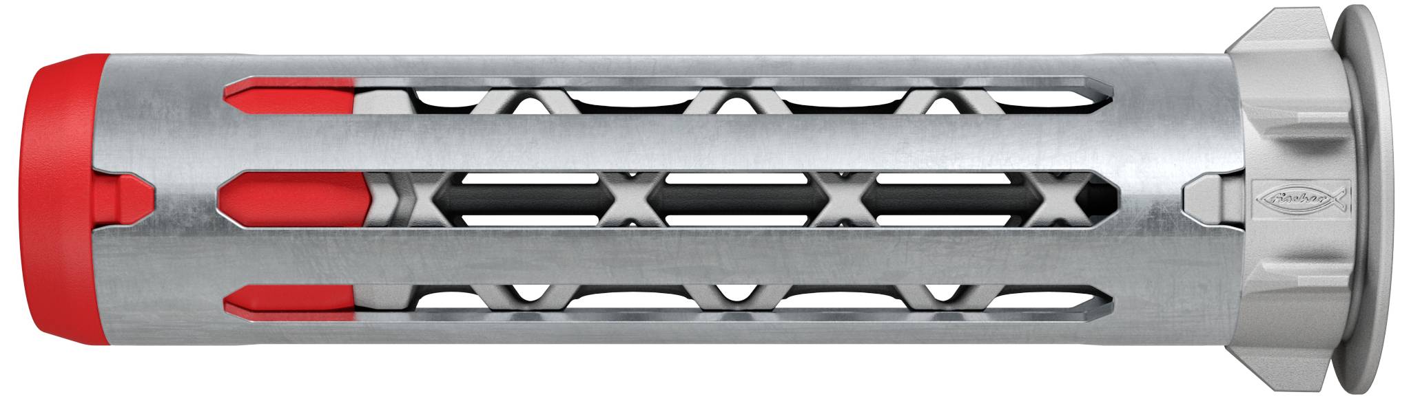 Metallischer Dübel mit rotem Detail, zylindrische Form und Schlitzen. Gezeigt in Nahaufnahme, dient der Befestigung in Wänden.