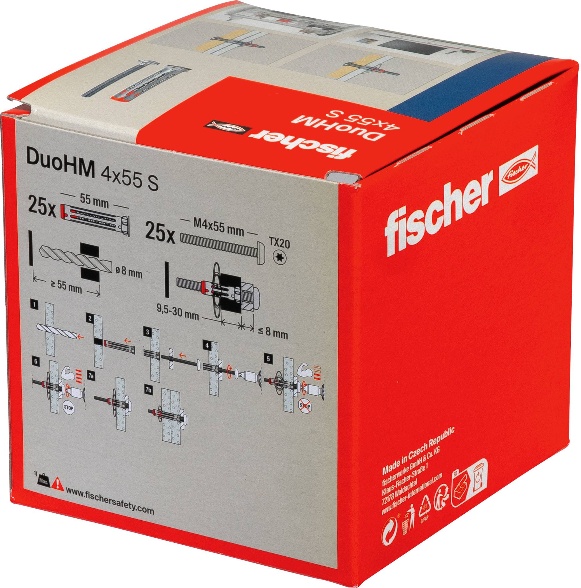 Fischer DuoHM 4x55 S Box; Abbildungen zeigen Installationsschritte und Messwerte für Wanddübel. Die Box enthält Produkt- und Unternehmenslogos.