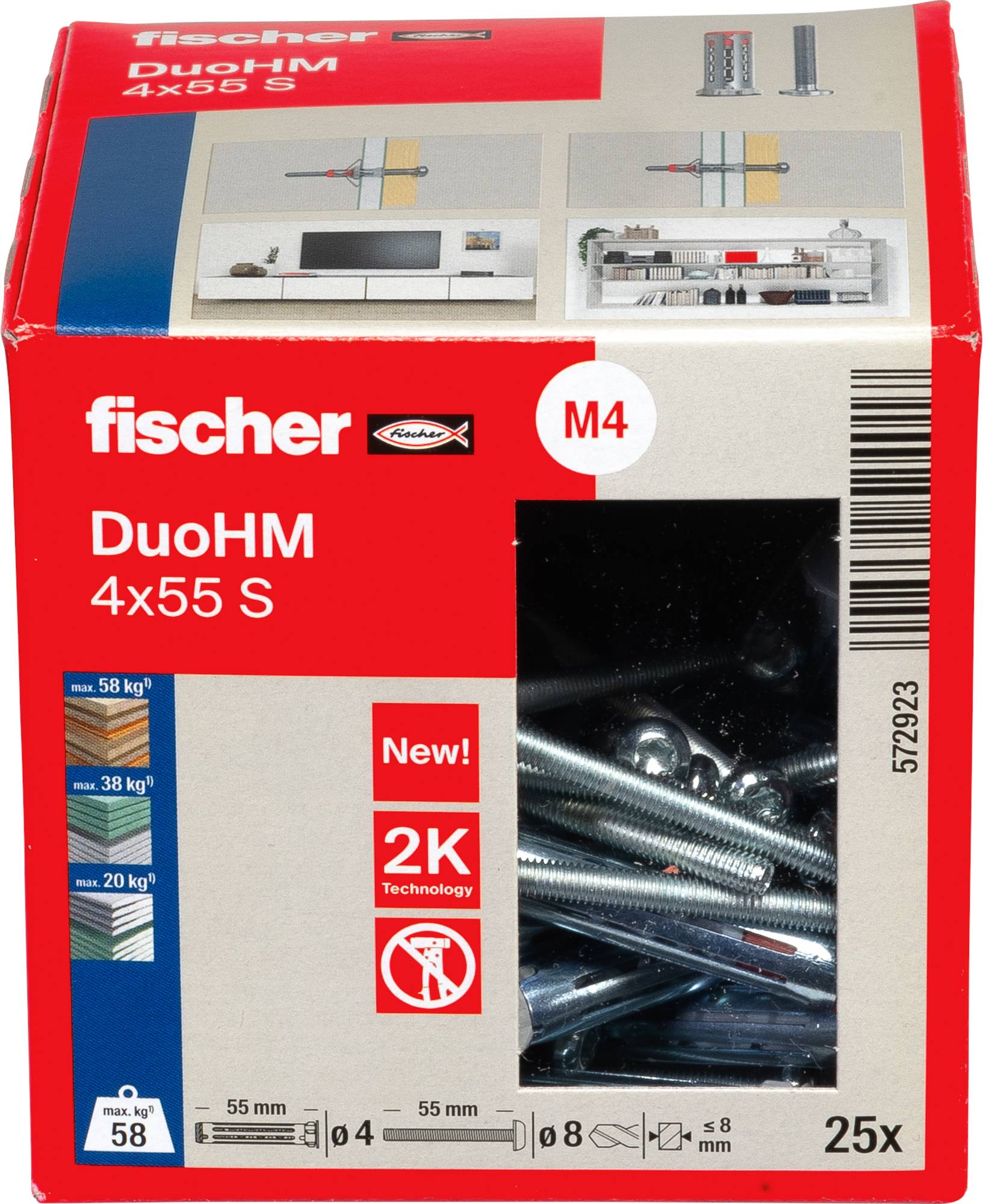 Karton mit Fischer DuoHM 4x55 S Schrauben mit Bildern von Schrauben im Einsatz, die Gewichte bis zu 58 kg halten, und mit neuer 2K-Technologie ausgestattet. Enthält 25 Schrauben.