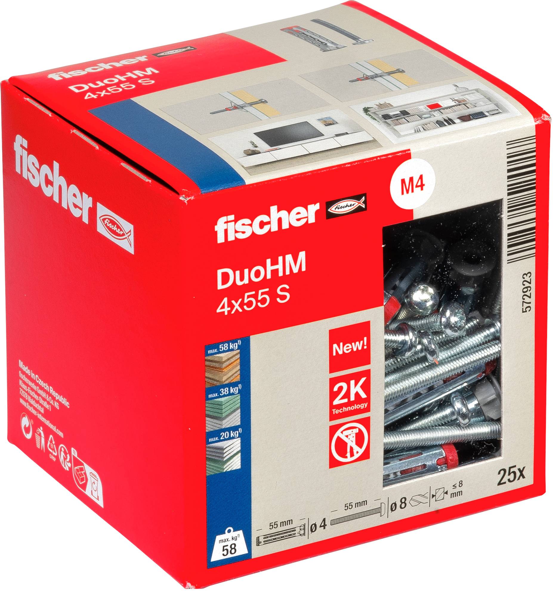 Eine rote Schachtel Fischer DuoHM 4x55 S Schrauben mit Bildern, die die Verwendung in verschiedenen Materialien zeigen, gekennzeichnet mit „2K Technology