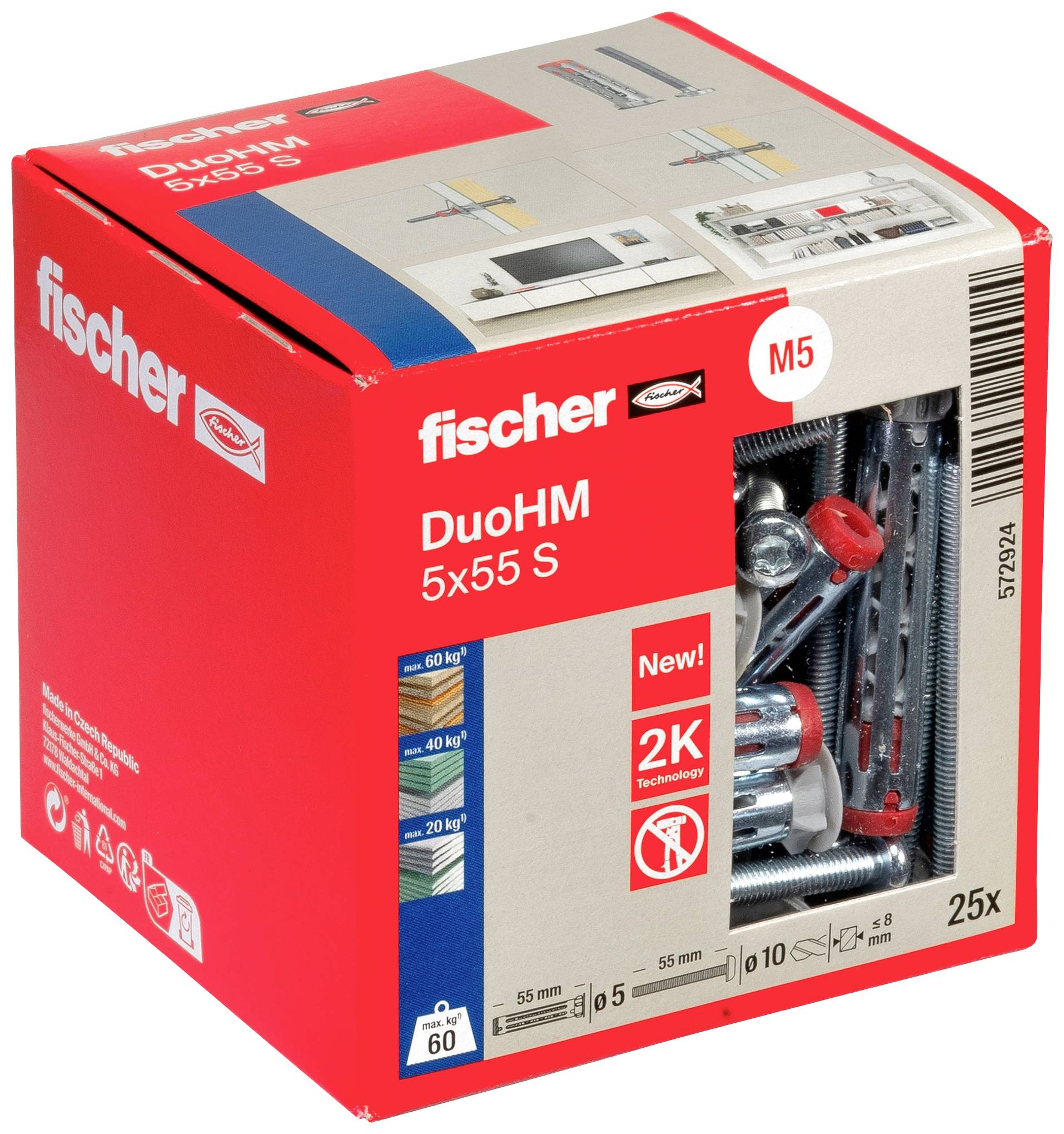 Eine Verpackung von Fischer DuoHM 5x55 S mit 25 Teilen. Auf der Verpackung sind Anwendungshilfen und technische Details zu sehen.