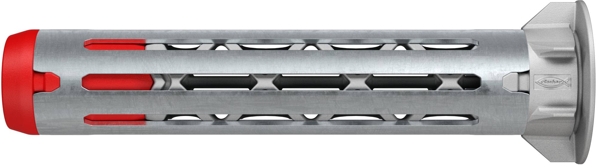 Ein Metalldehnungsanker mit einer roten Kunststoffspitze, entwickelt zum Befestigen von Gegenständen an Wänden. Der Anker verfügt über mehrere Schlitze und einen Knopf.