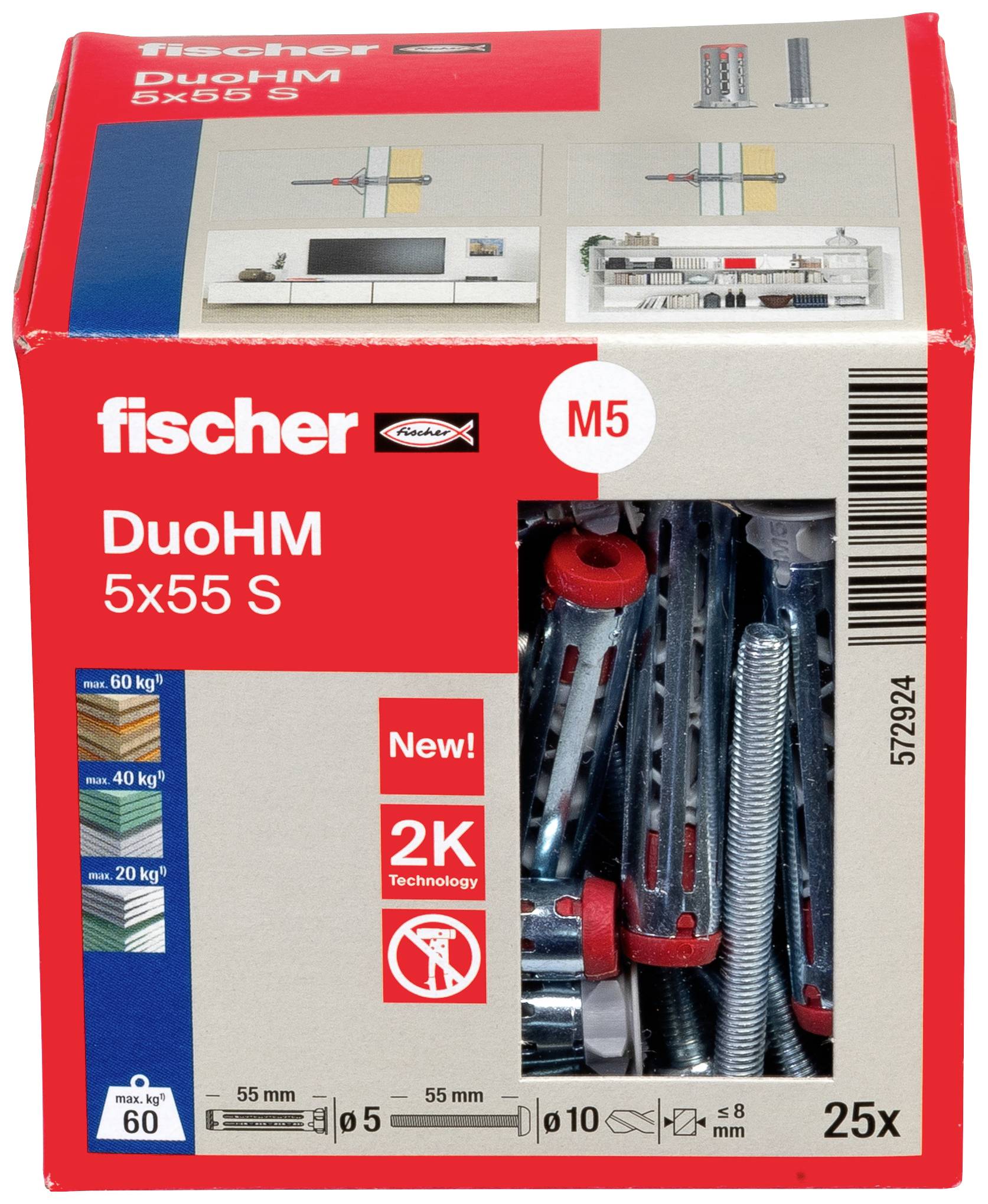 Verpackung von fischer DuoHM 5x55 S Dübeln mit sichtbaren Metallteilen und Anwendungshinweisen auf der Vorderseite. Enthält 25 Stück.