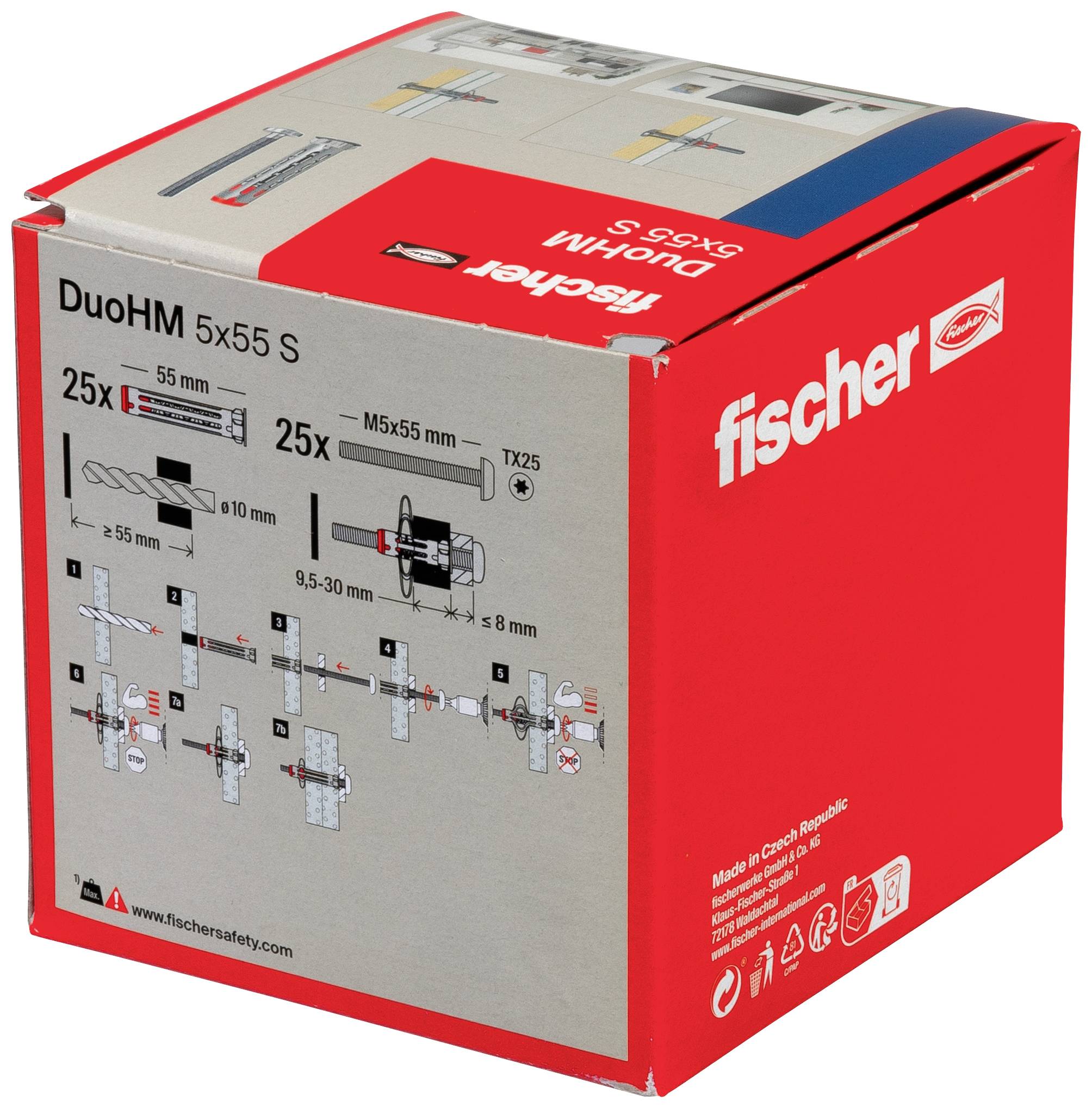 Die Verpackung zeigt Fischer DuoHM 5x55 S, enthält 25 Stück. Abgebildet sind Montageanweisungen und Details zu Dübel und Schrauben.