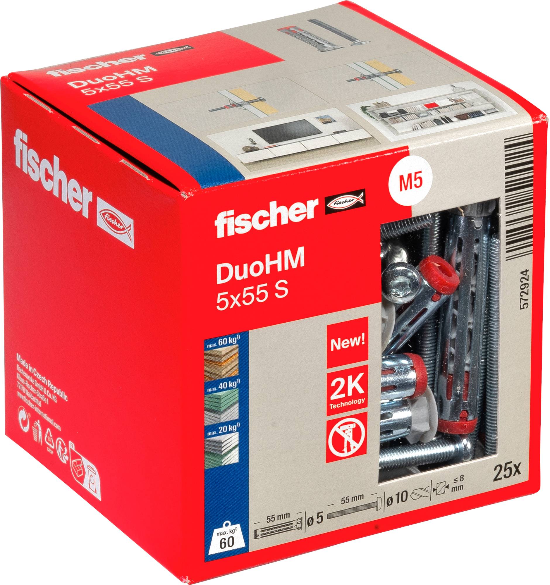 'Fischer DuoHM 5x55 S' Kasten mit Dübeln und Schrauben zum Befestigen, mit verschiedenen Anwendungen. Enthält 25 Stück mit technischen Spezifikationen.