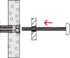 Illustration einer Wandverankerung, die in eine Wand gedreht wird, mit einem Pfeil, der die Rotationsrichtung anzeigt.