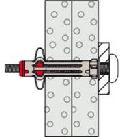 Ein Metall-Hohlwanddübel mit rotem und silbernem Element, geeignet für die Befestigung schwerer Objekte in Gipskartonwänden.