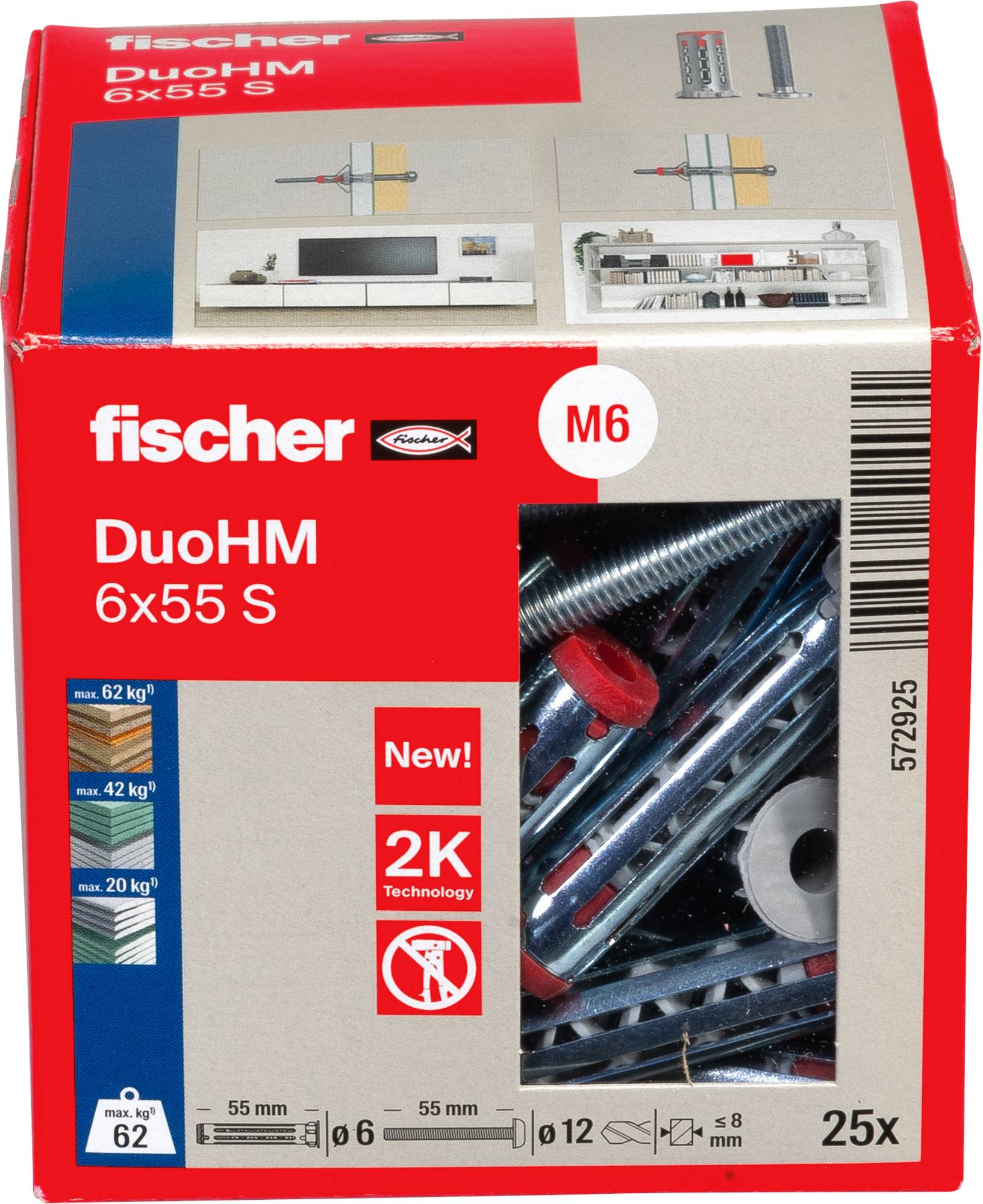 Box mit Fischer DuoHM 6x55 S Dübeln, mit Hervorhebung der 2K-Technologie. Enthält 25 Metalldübel, geeignet für Beton- und Ziegelflächen.