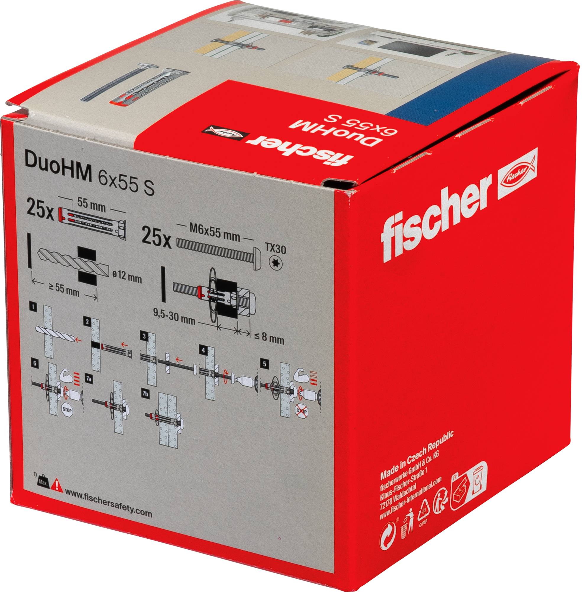 Das Bild zeigt eine rote und graue Schachtel für Fischer DuoHM 6x55 S mit Abbildungen von 25 Stück, die Installationsschritte und Spezifikationen anzeigt.