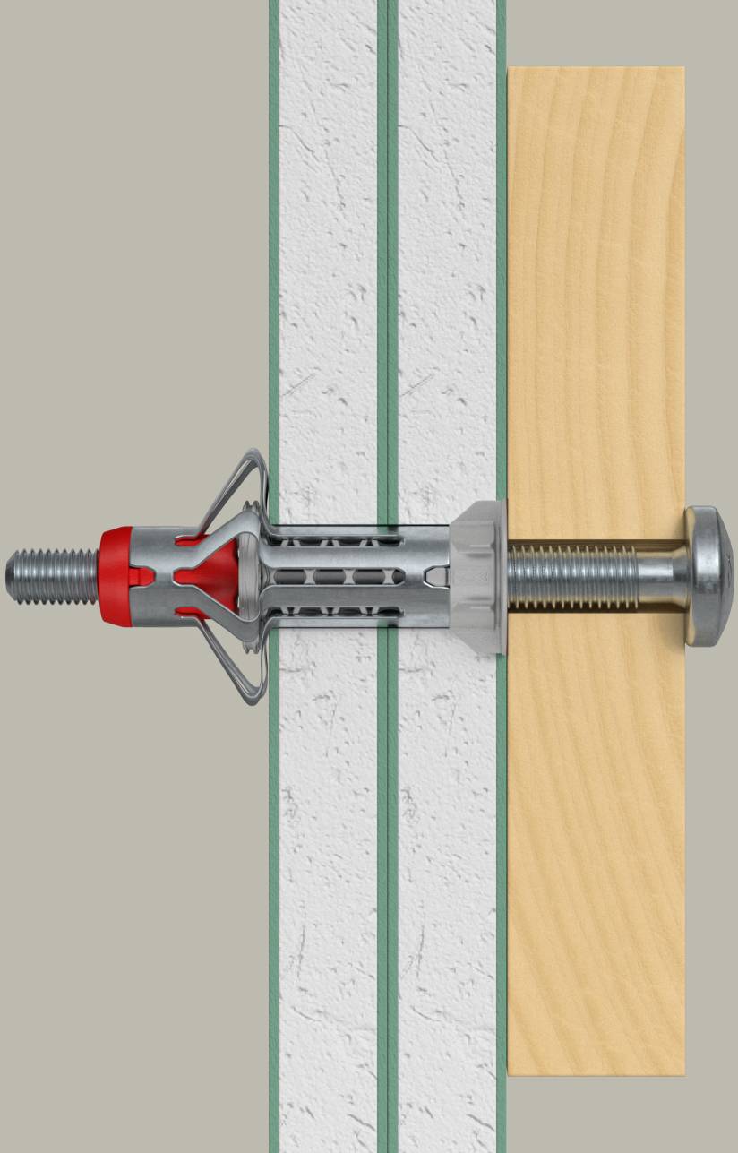 Querschnitt zeigt einen Metallankerschraube, die durch Gipskarton in Holz befestigt ist und eine sichere Montagetechnik veranschaulicht.