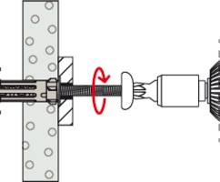 Eine Illustration, die einen Elektroschrauber zeigt, der eine Gewindeschraube an einer Metalloberfläche mit Unterlegscheiben anzieht oder lockert.