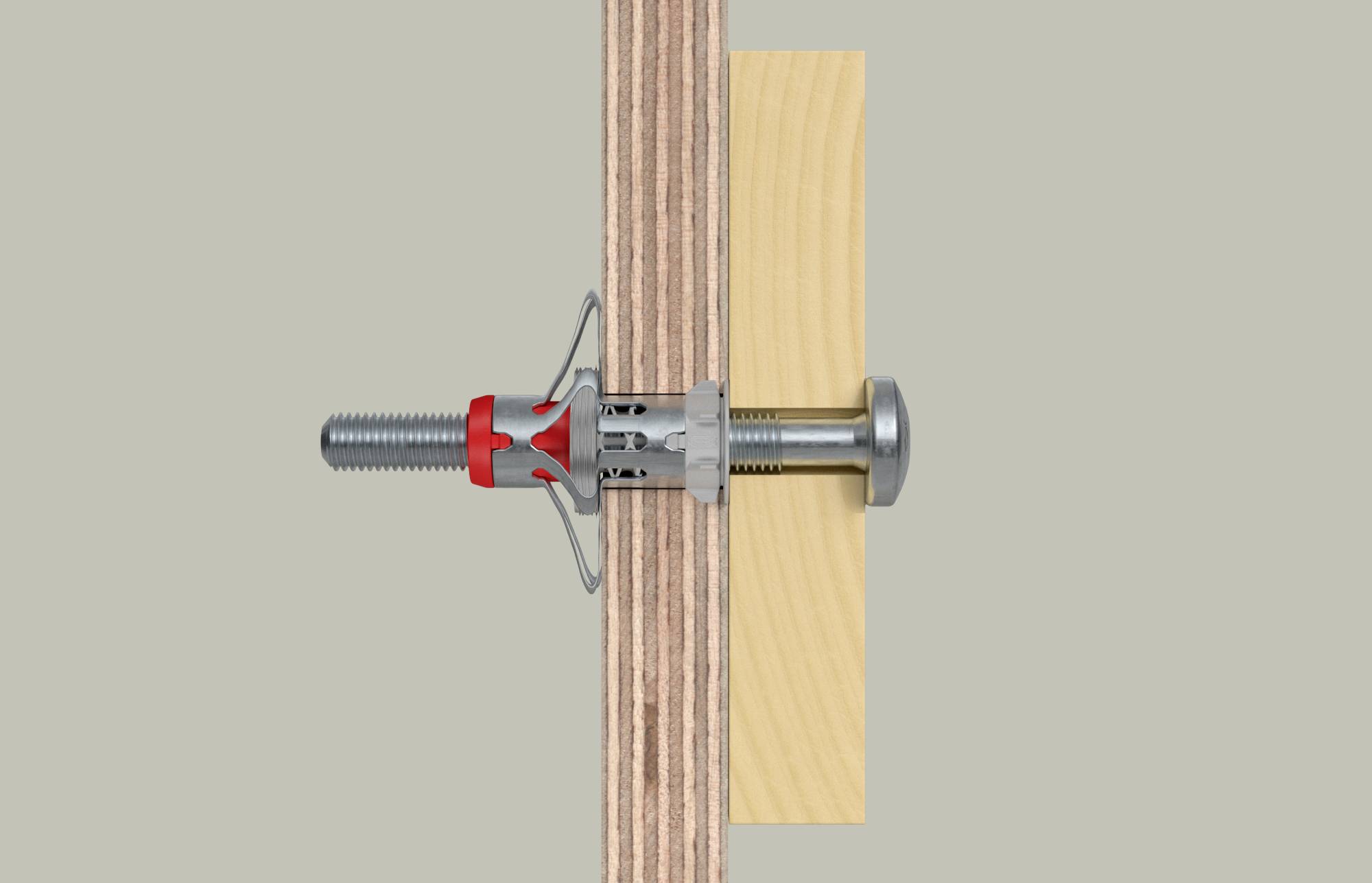 Metallschraube mit Dübel zur sicheren Verankerung in einer Wand gezeigt. Sie verbindet zwei Bretter, eines aus Holz, das andere aus Sperrholz.
