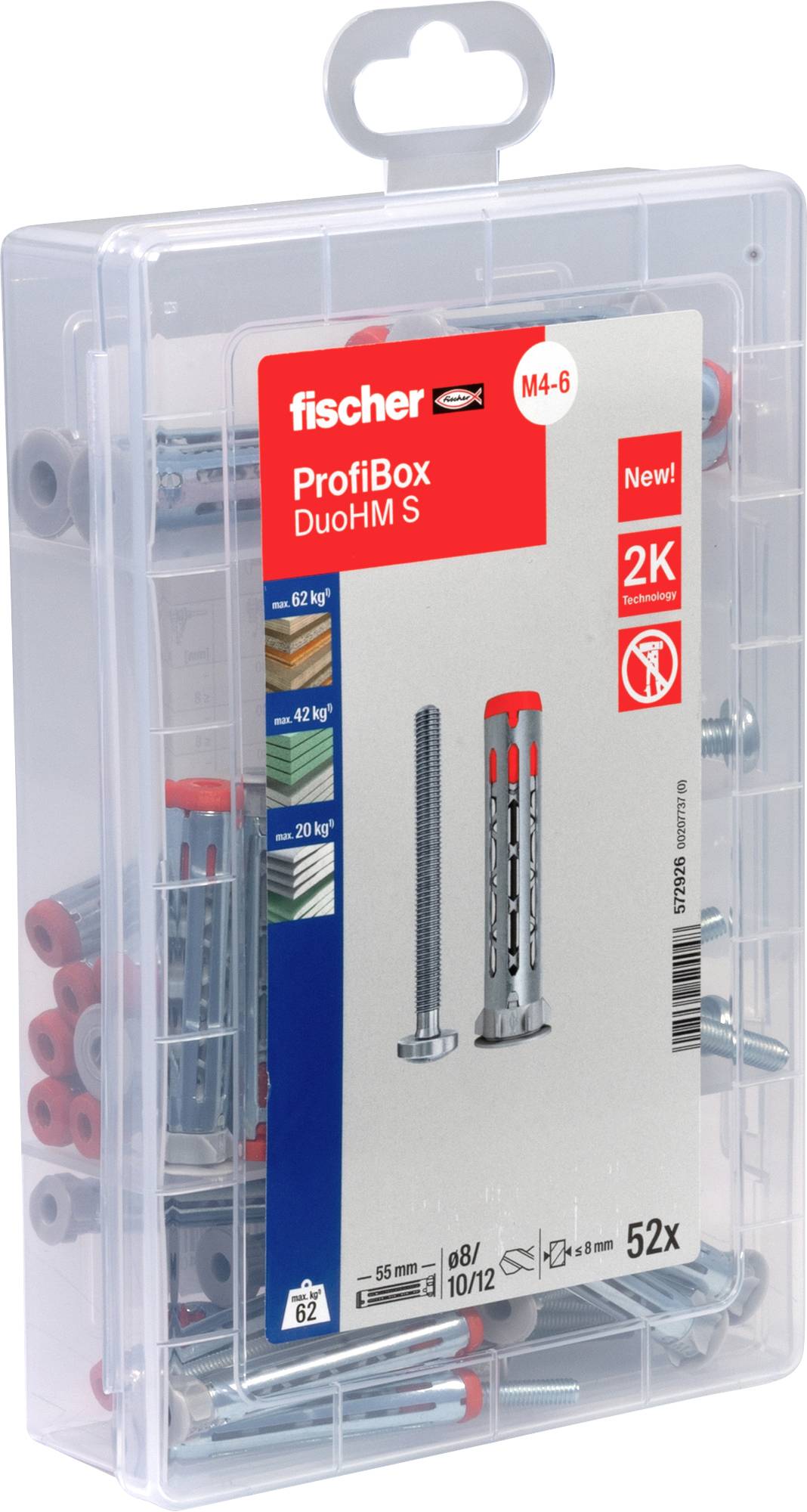 Kunststoffbox mit 52 Dübeln und Schrauben der Marke Fischer, Modell DuoHM S, für 4 bis 6 mm Bohrlöcher, Belastung bis 62 kg.