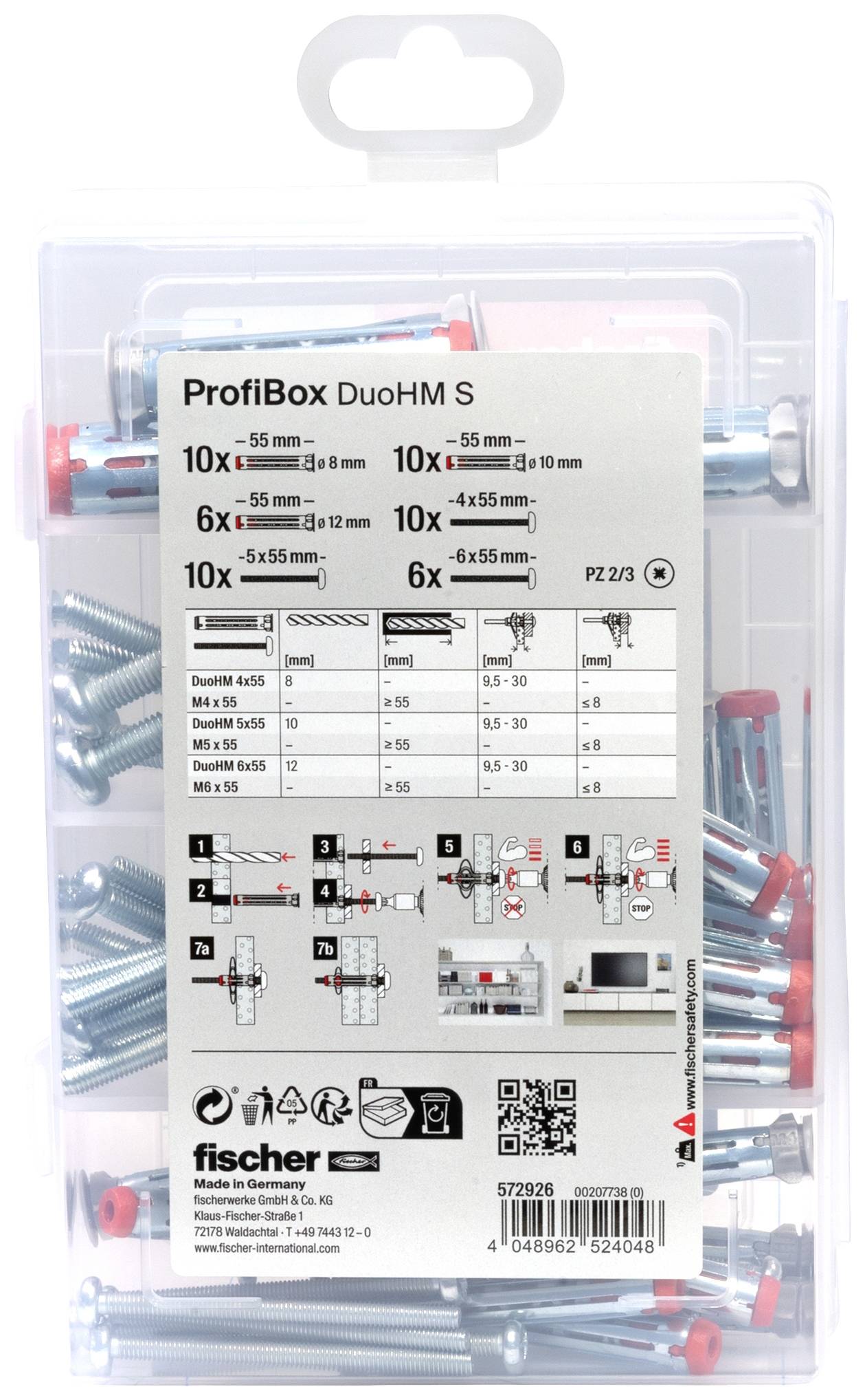 Ein Set von Fischer ProfiBox DuoHM S mit verschiedenen Metalldübeln und Schrauben in unterschiedlichen Größen.