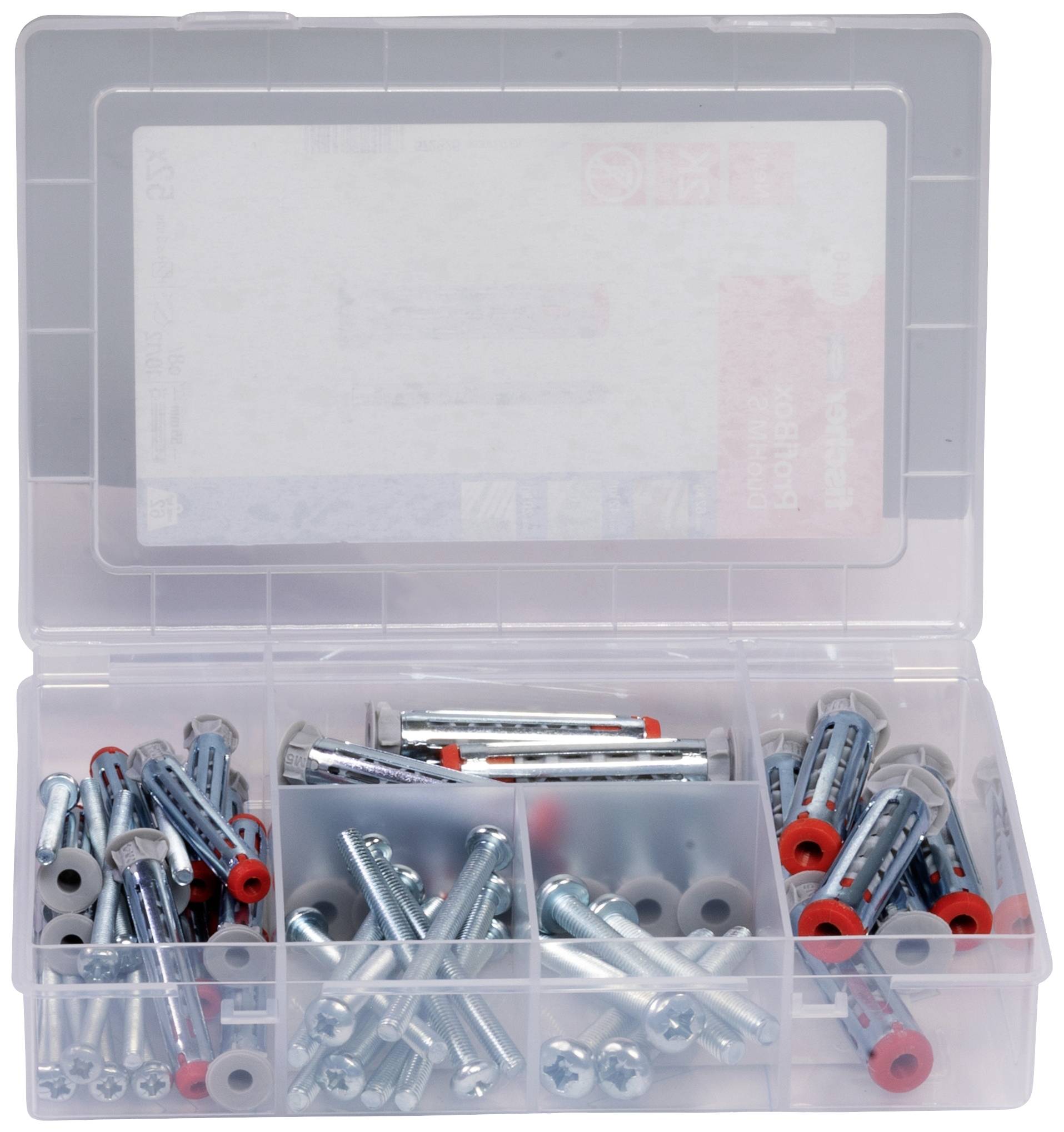 Eine offene Plastikbox mit verschiedenen Größen und Arten von Metall-Wanddübeln und Schrauben, in Fächern sortiert.