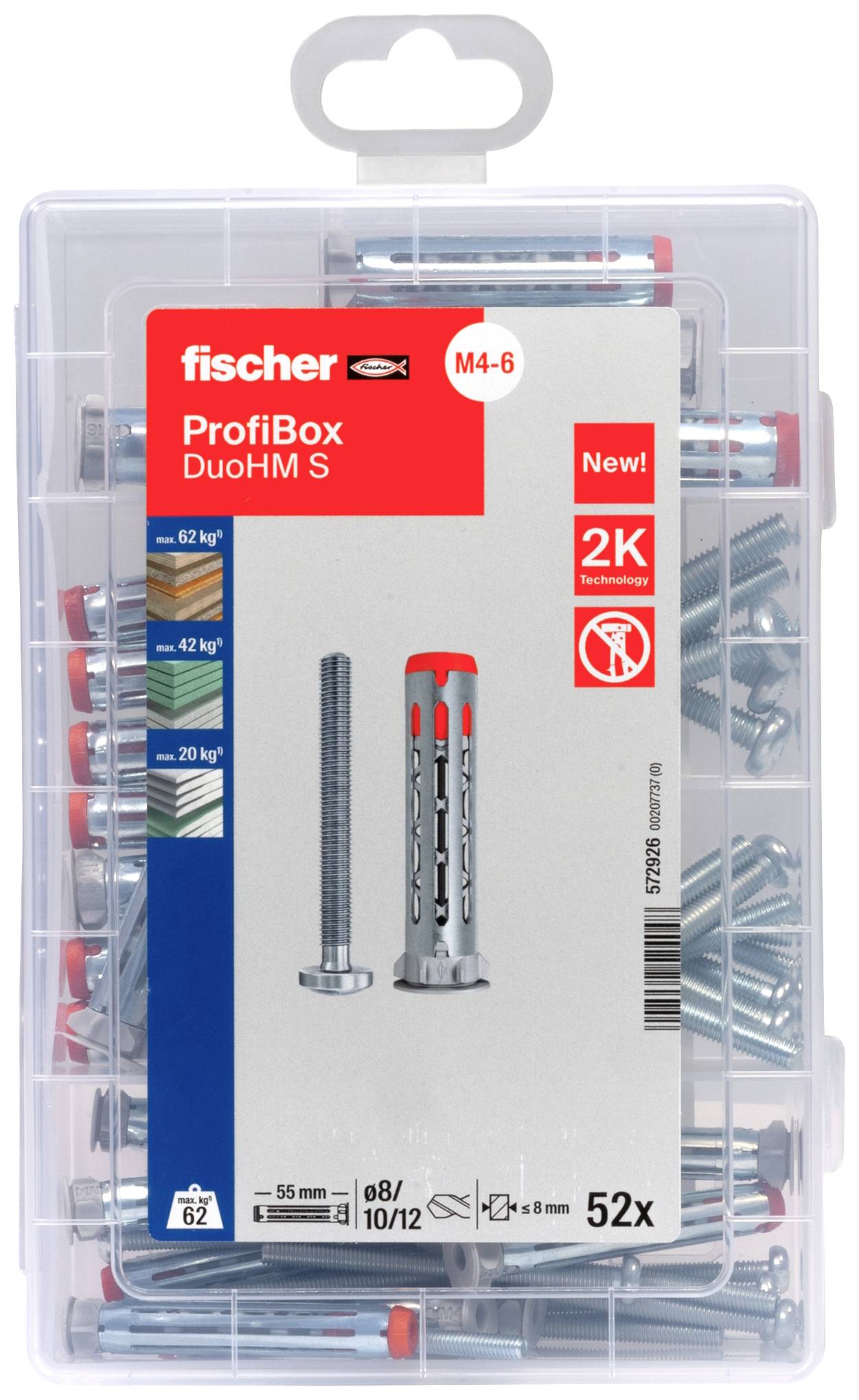Eine transparente Box enthält 52 Fischer-Dübel und Schrauben. Die Verpackung zeigt die Tragkraftangaben und die Dübelgröße M4-6.