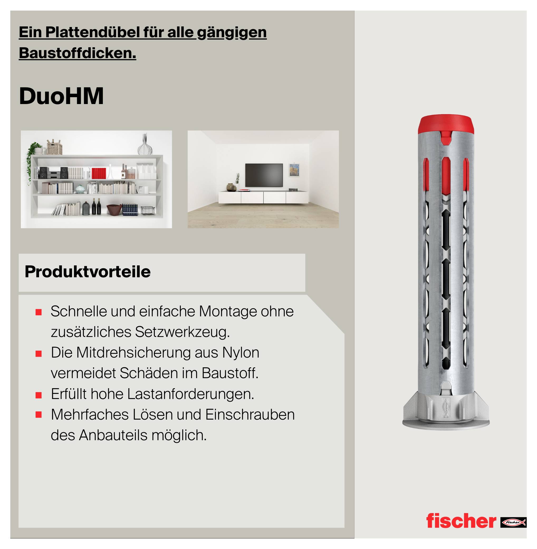 Werbeplakat für den Fischer-Dübel 'DuoHM' für Baustoffdicken; links Produktvorteile mit Montagehinweisen, rechts der graue Dübel mit roter Kappe.