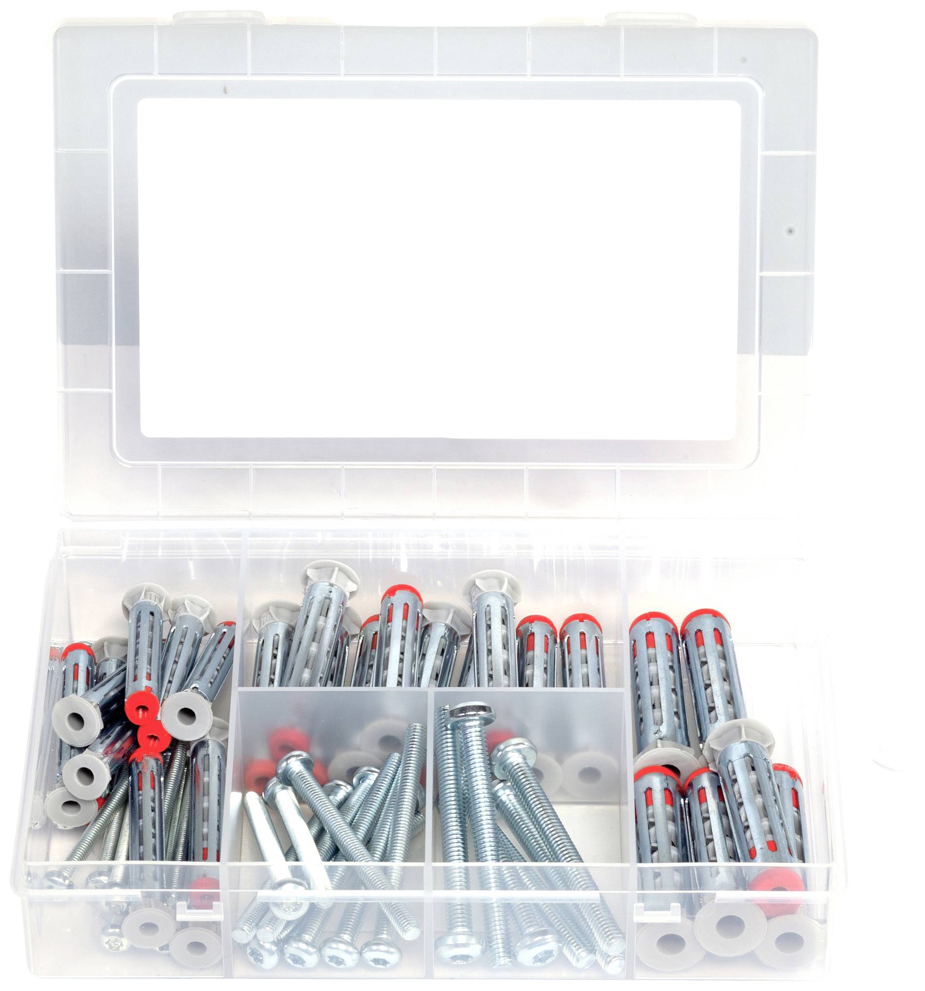 Ein geöffneter Plastikbehälter mit verschiedenen Schrauben und Dübeln, ordentlich in Fächern sortiert.