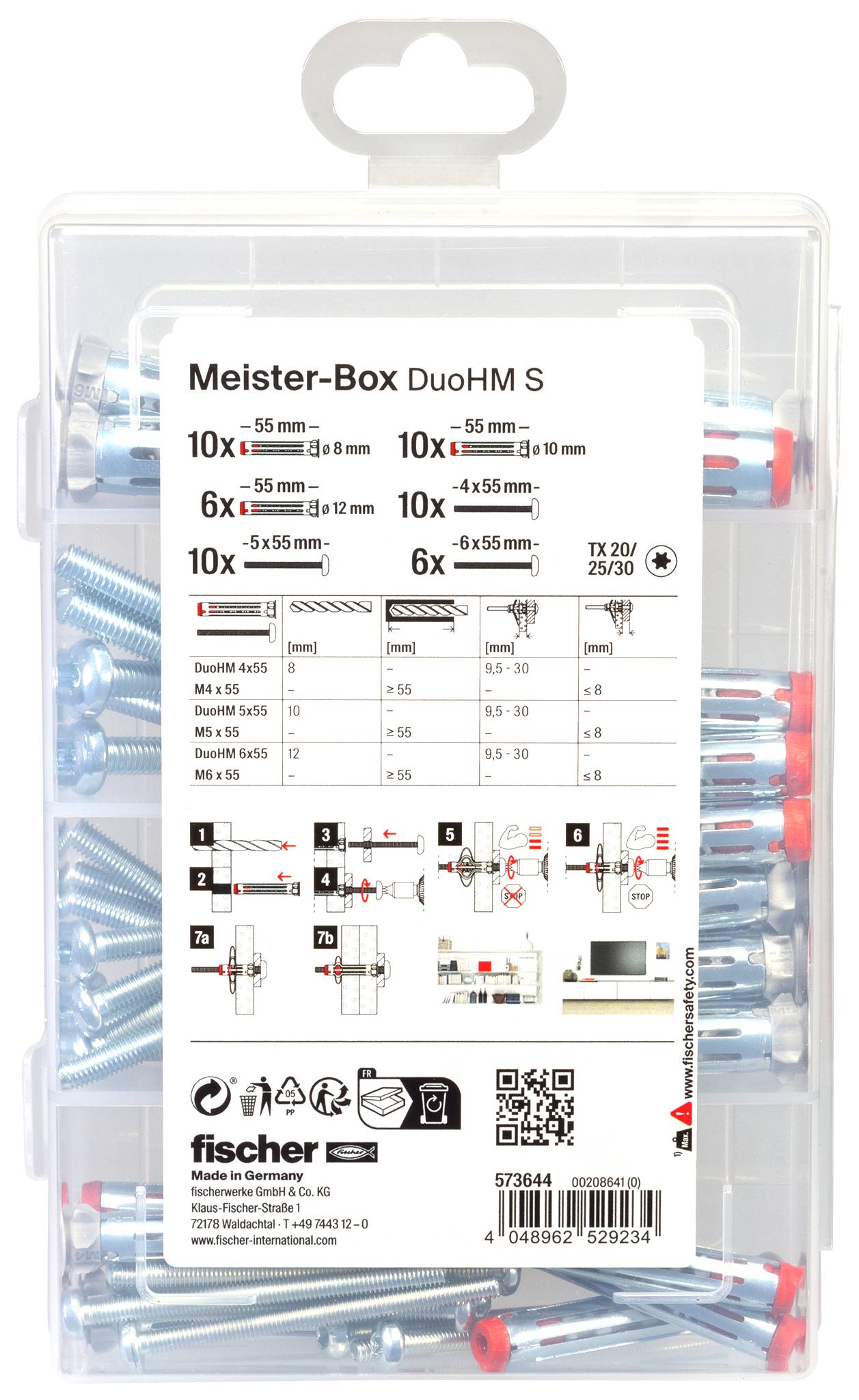 Verpackung der Fischer Meister-Box DuoHM S Wanddübel und Schrauben, mit Produktgrößentabelle, Installationsdiagrammen und QR-Code.